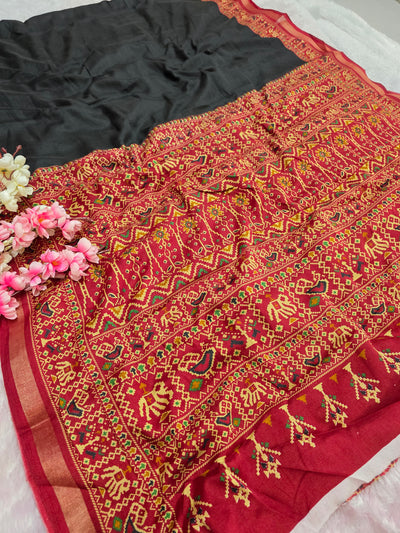 964004 Traditional Patola Border Saree with Plain Body Dola Silk Saree - Black