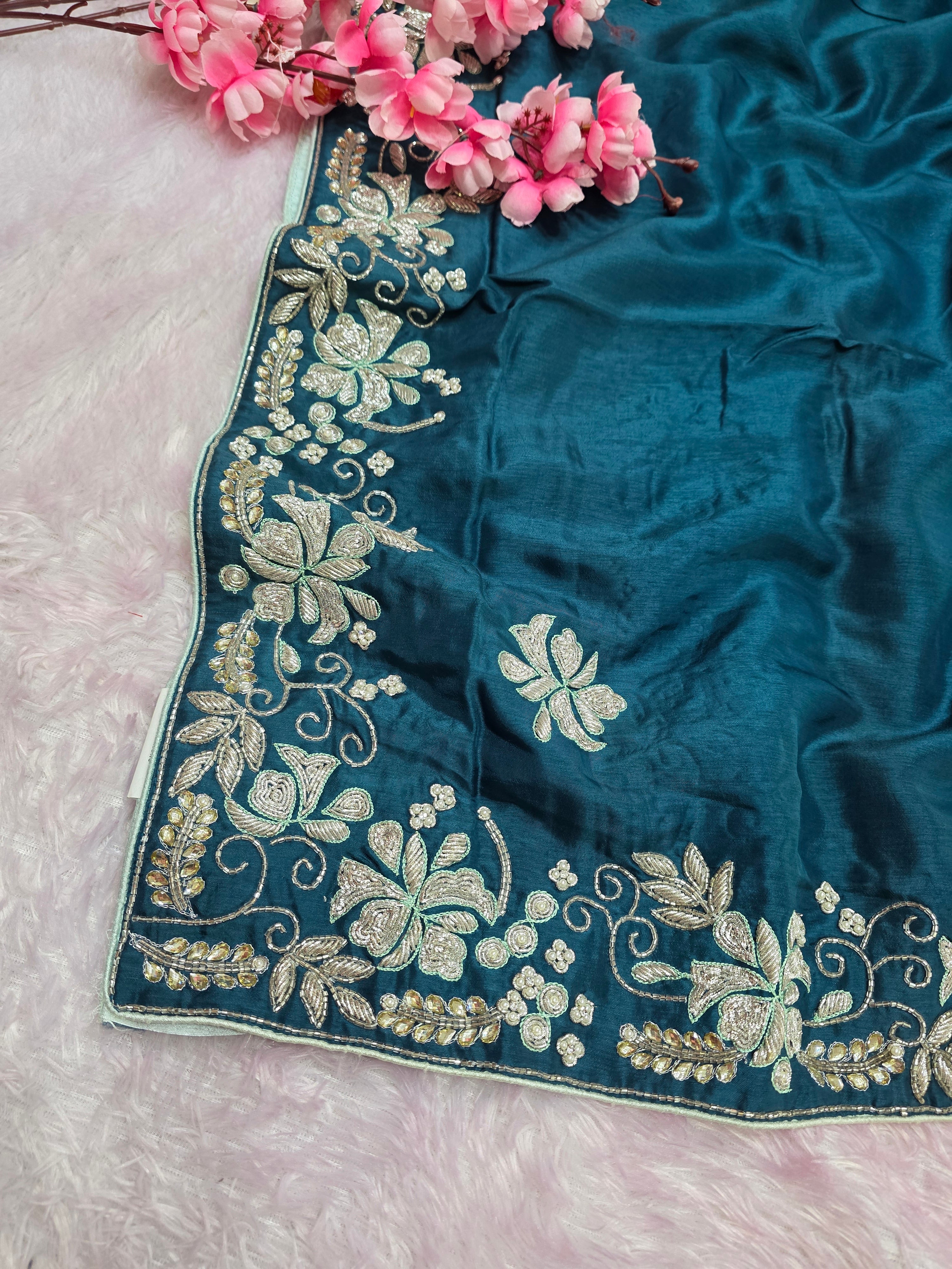 06895 Premium Peacock Blue Pure Russian Silk Saree with White Zardosi & Cutdana Handwork