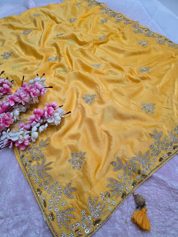 7221 Pure Russian Silk Beautiful Hand Crafted Designer Yellow Saree With Zari Work