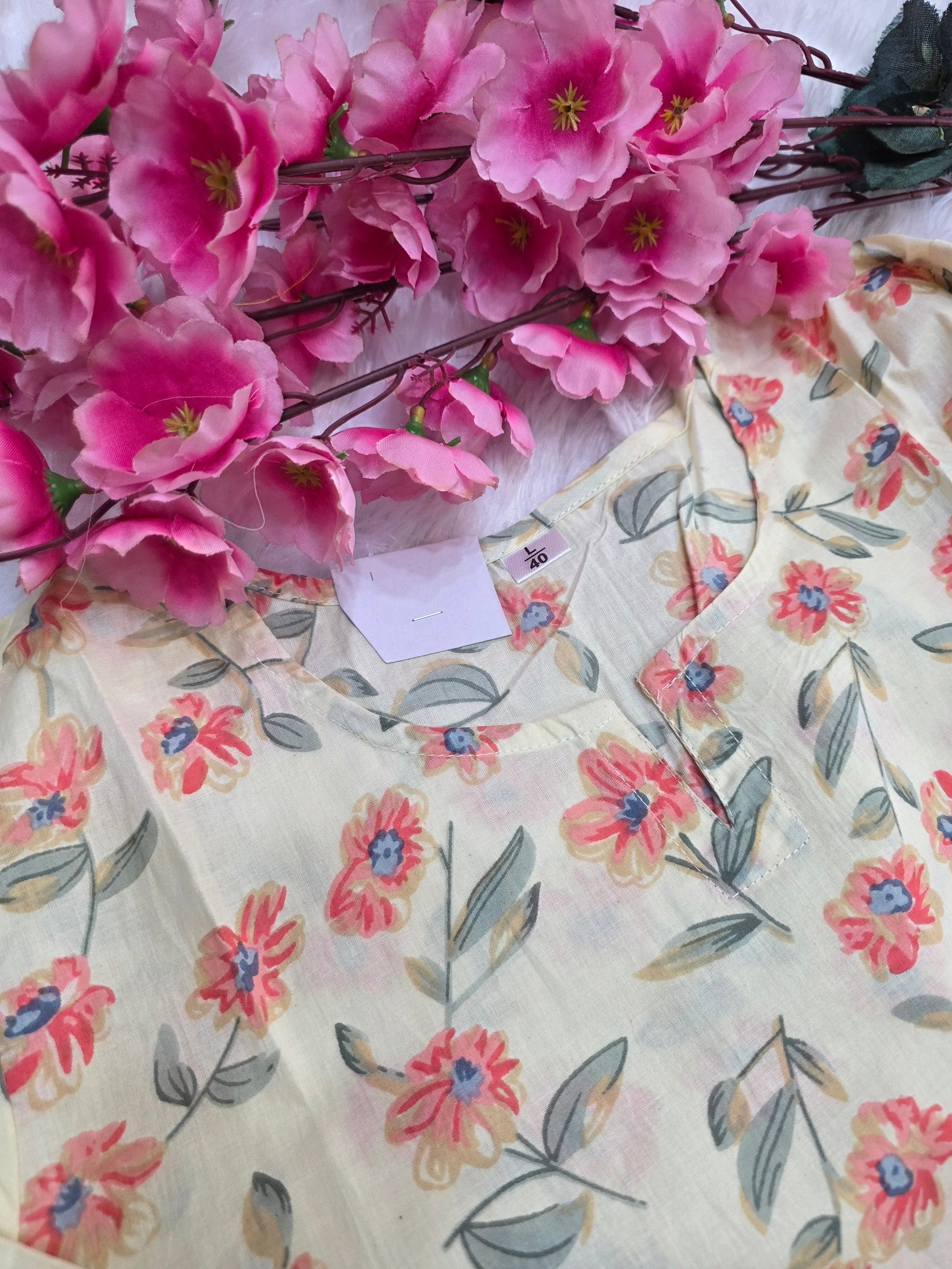 1758 Pure Cotton Hand Block Printed Shot Kurtis (Cream)