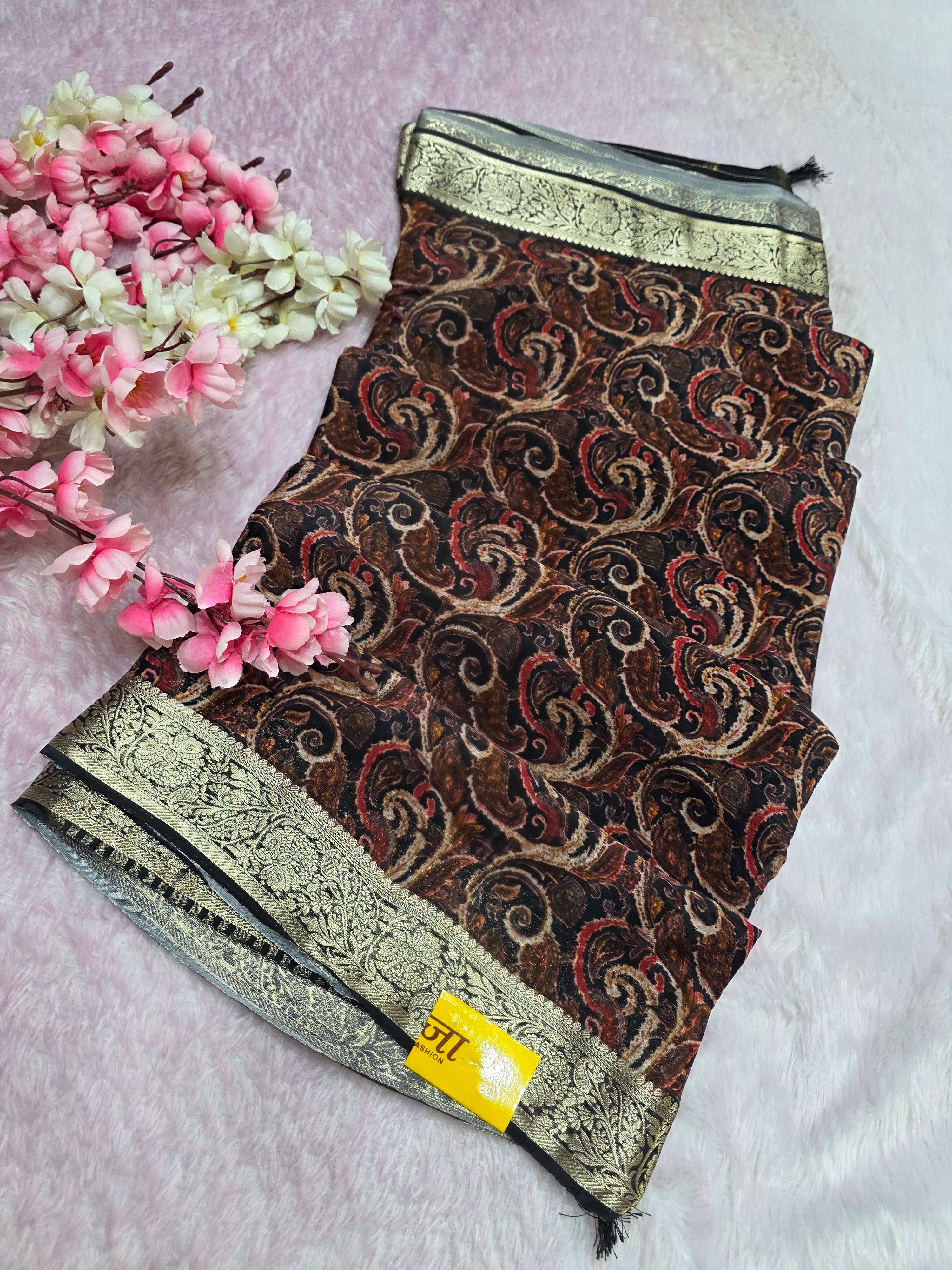 CA0709 chinon silk traditional print black & brown saree