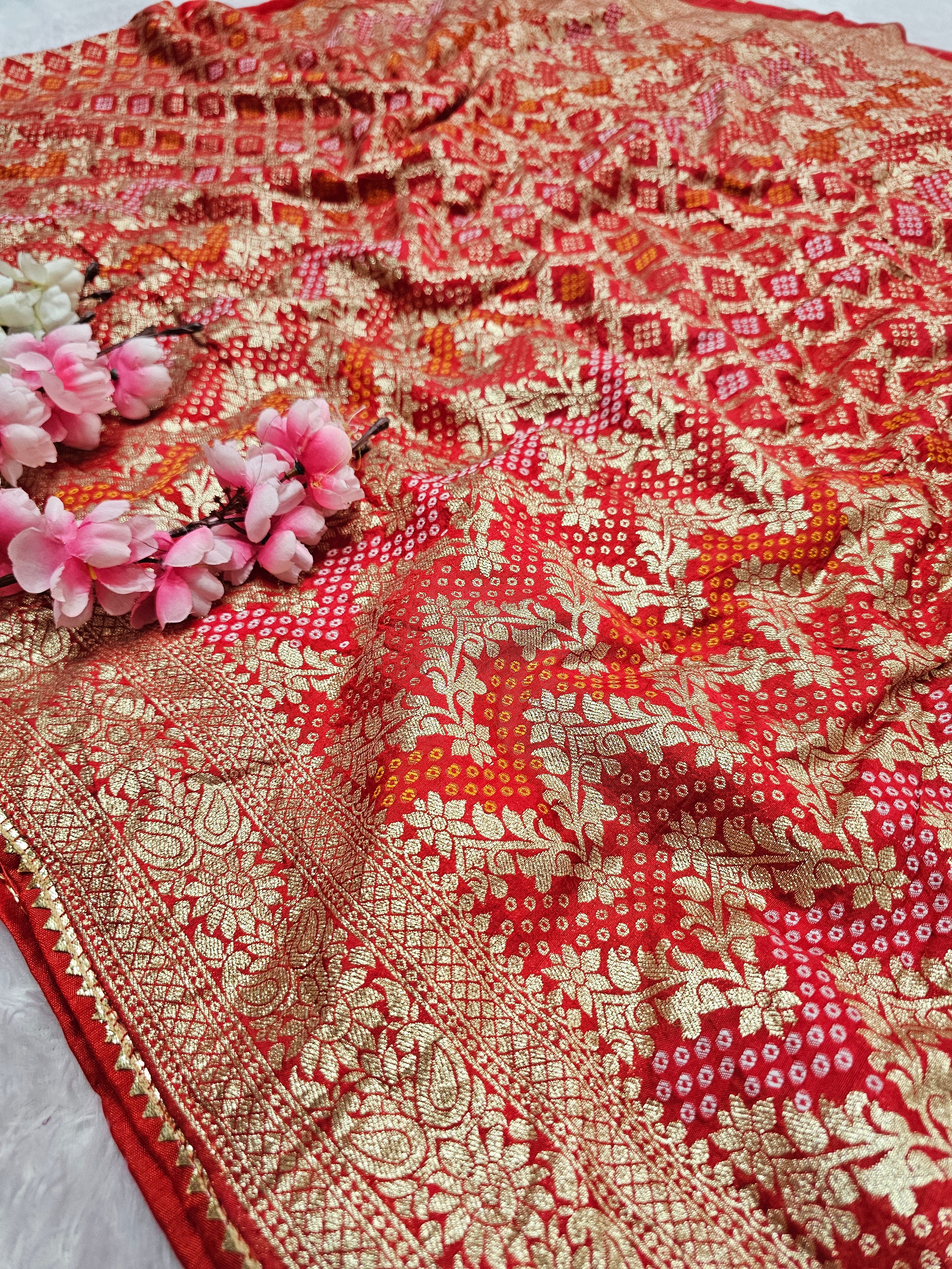 101802 Traditional Bandhani Saree with Banarasi Weaving - Red