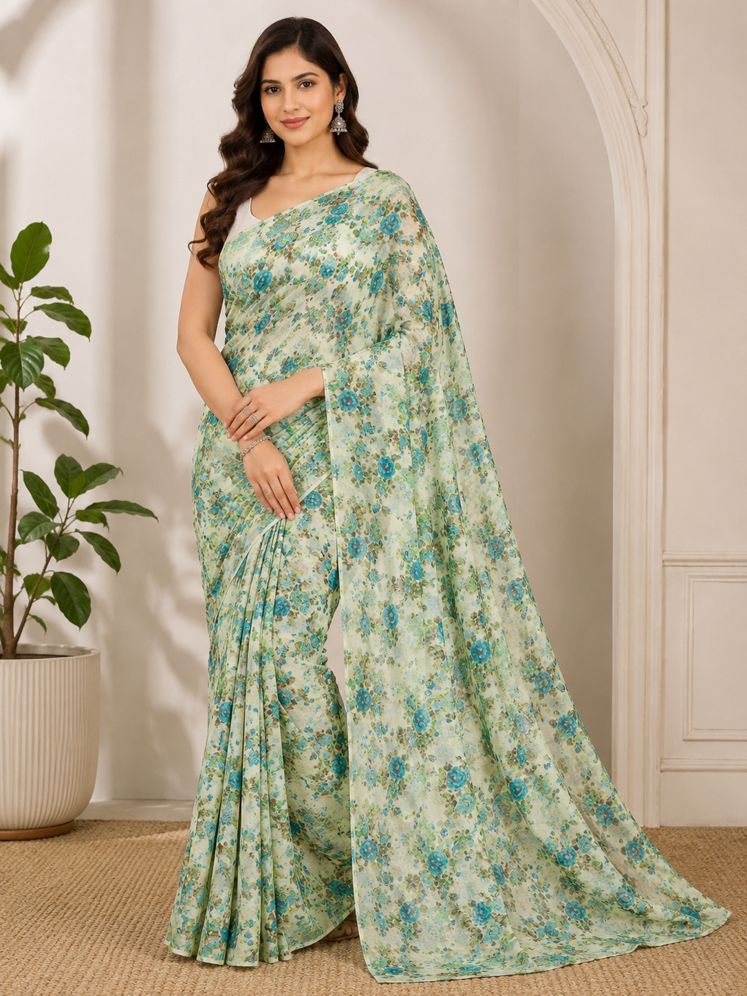 644001 Exclusive Chiffon Flower Print Saree - Green