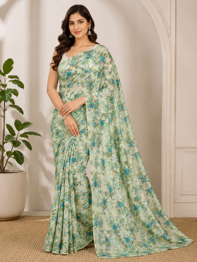 644001 Exclusive Chiffon Flower Print Saree - Green