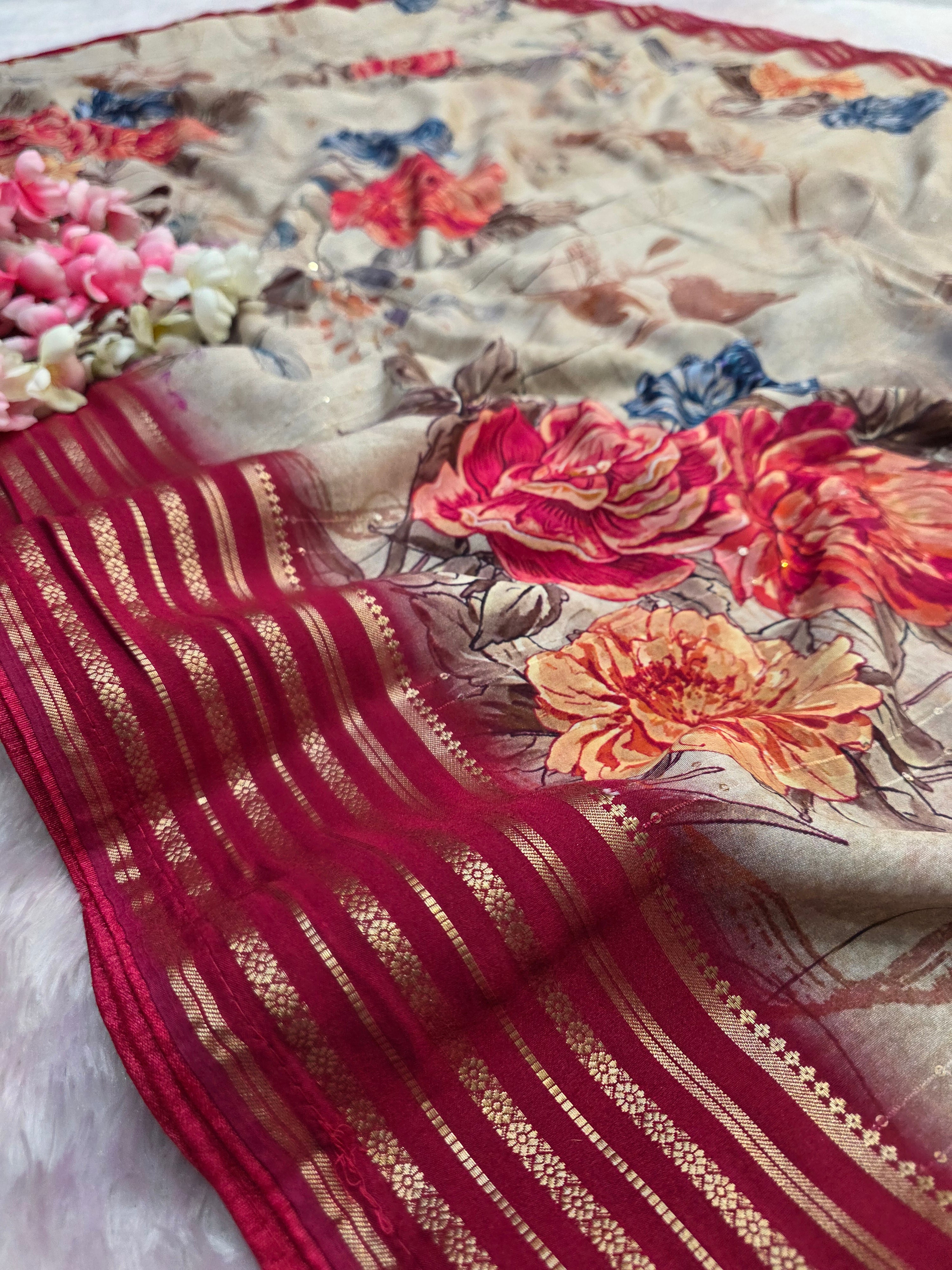 104001 Chitra Special Maslin Silk Designer FlowerPrint Saree with Zari Weaving Border