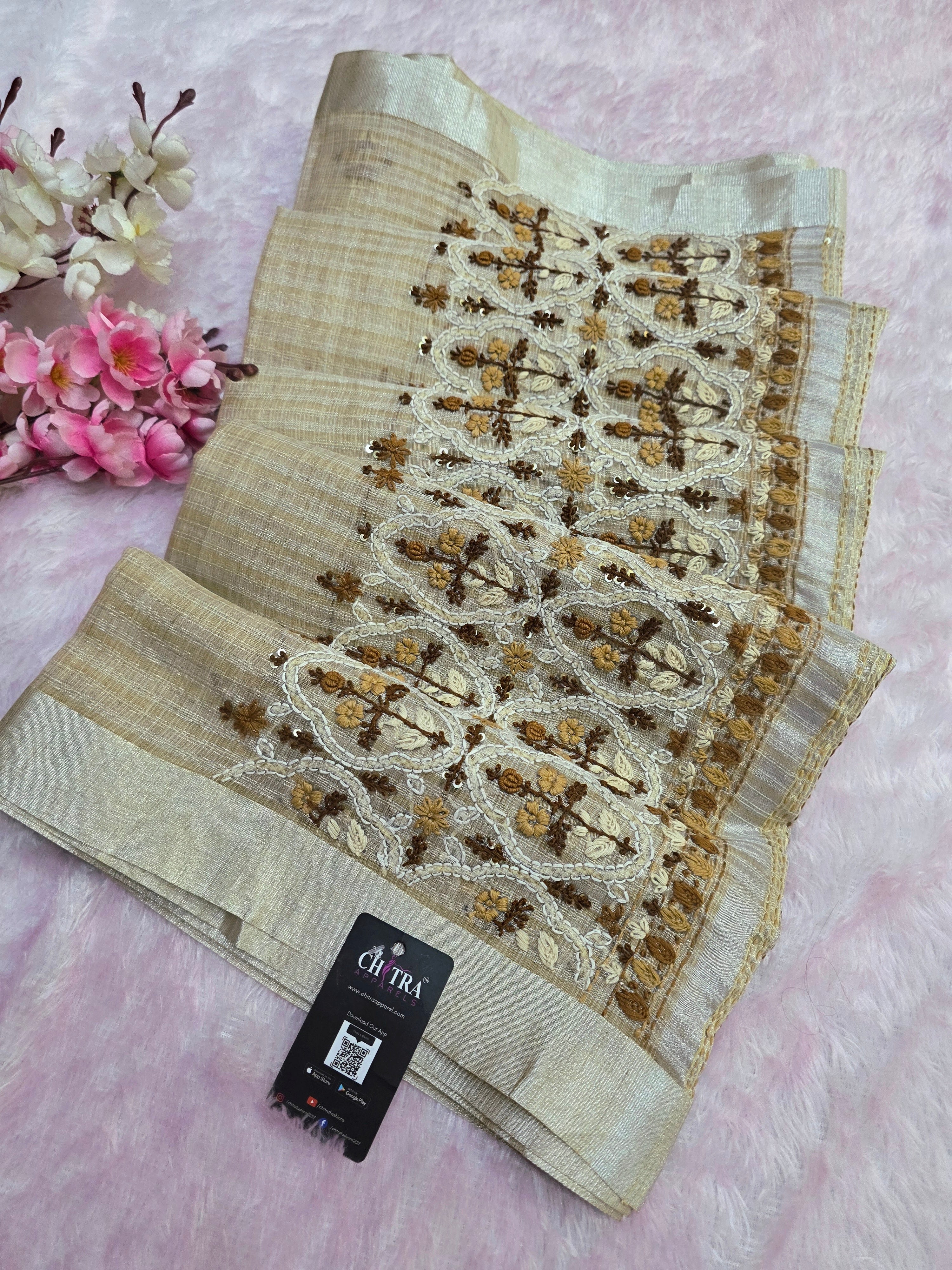 878002 Pure Kota Cotton Silk Hand Embroidery Suta Work Saree - Beige