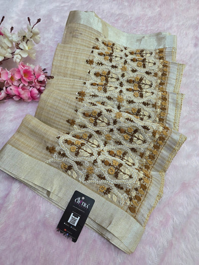 878002 Pure Kota Cotton Silk Hand Embroidery Suta Work Saree - Beige