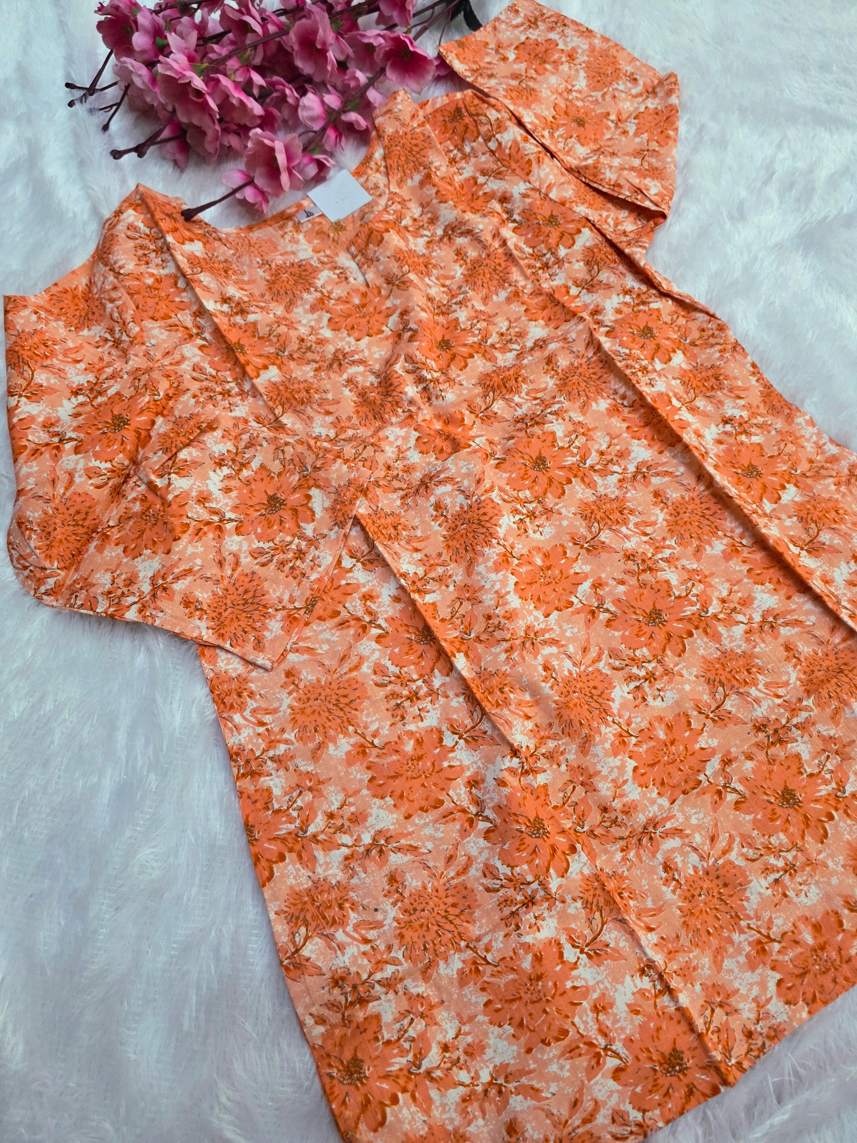 1758 Pure Cotton Hand Block Printed Shot Kurtis (Saffron)