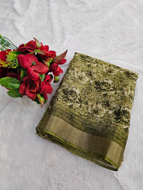 764002 Unique Soft Linen Cotton Printed Saree