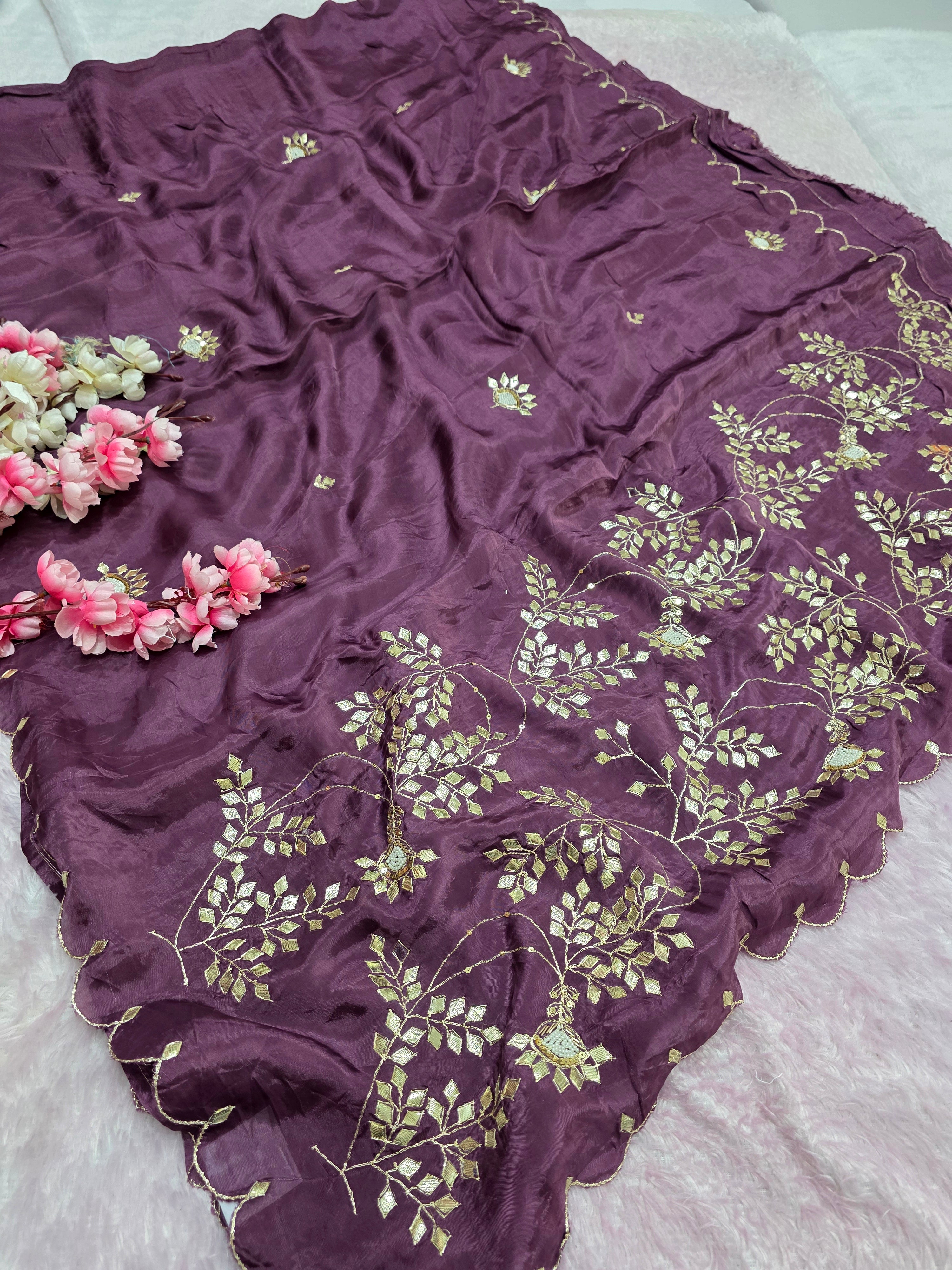 102601 Pure H.O. Silk Designer Saree with Rajasthani Aari Tari , Pearl and Gota Patti Work - Magenta