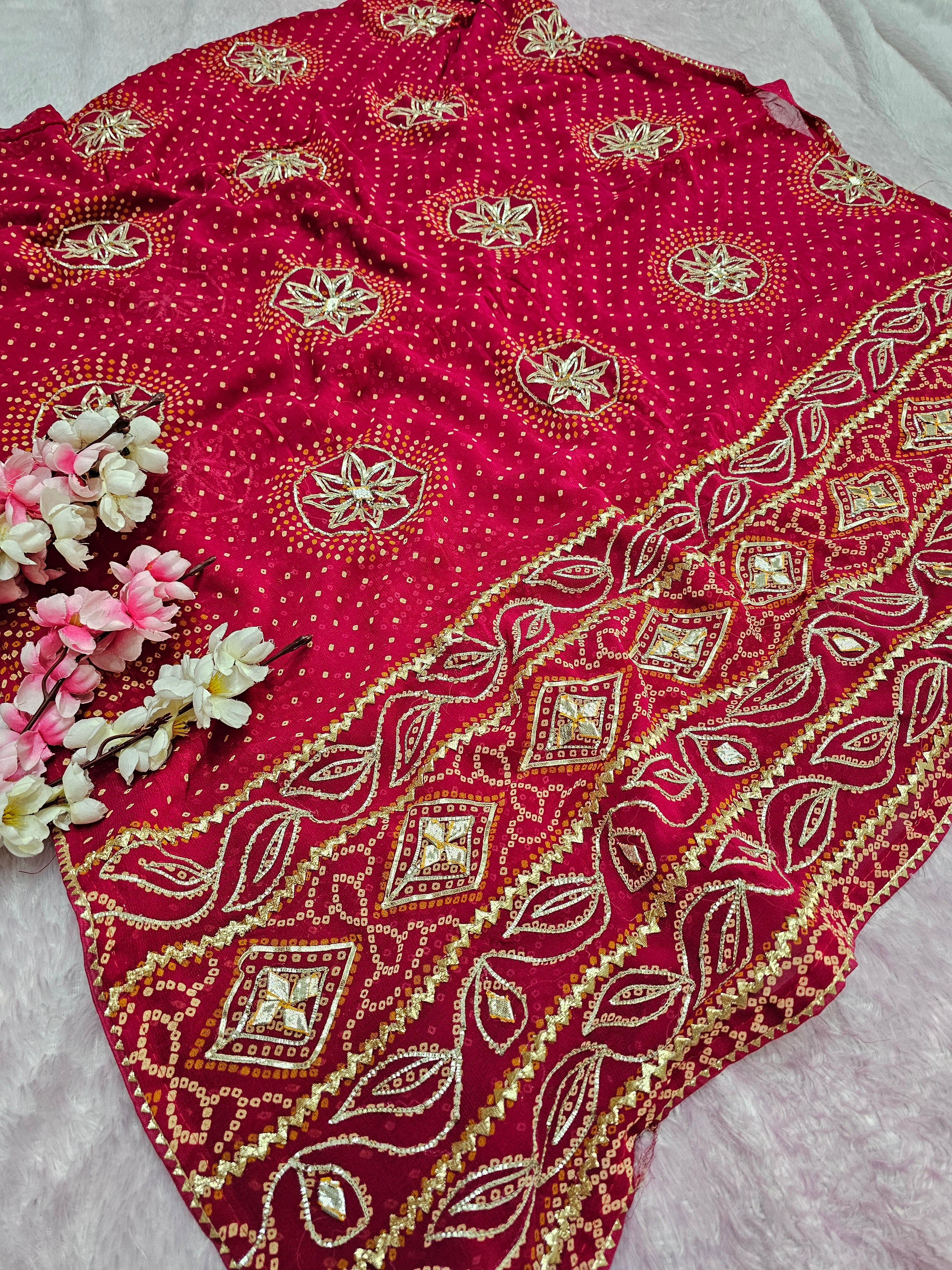 12449 Designer Pure Georgette Bandhani Saree with Gota patti Work - Rani Red