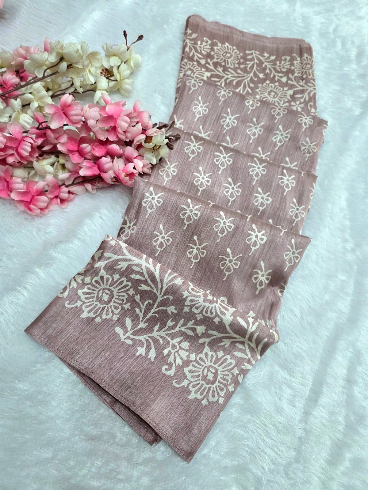 KS121 Semi Dola Silk Block Print Saree - Dusty Pink