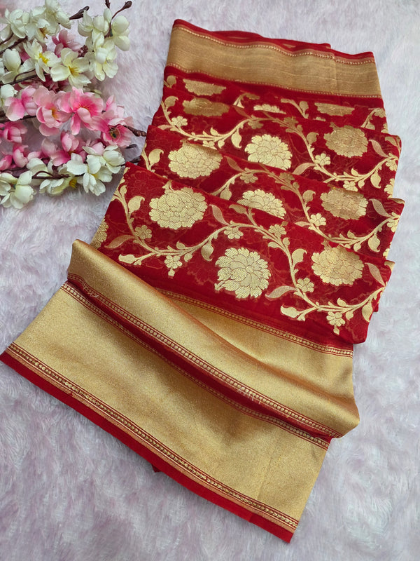 0621 Pure Banarasi Chiffon Red Saree With Khaddi Zari