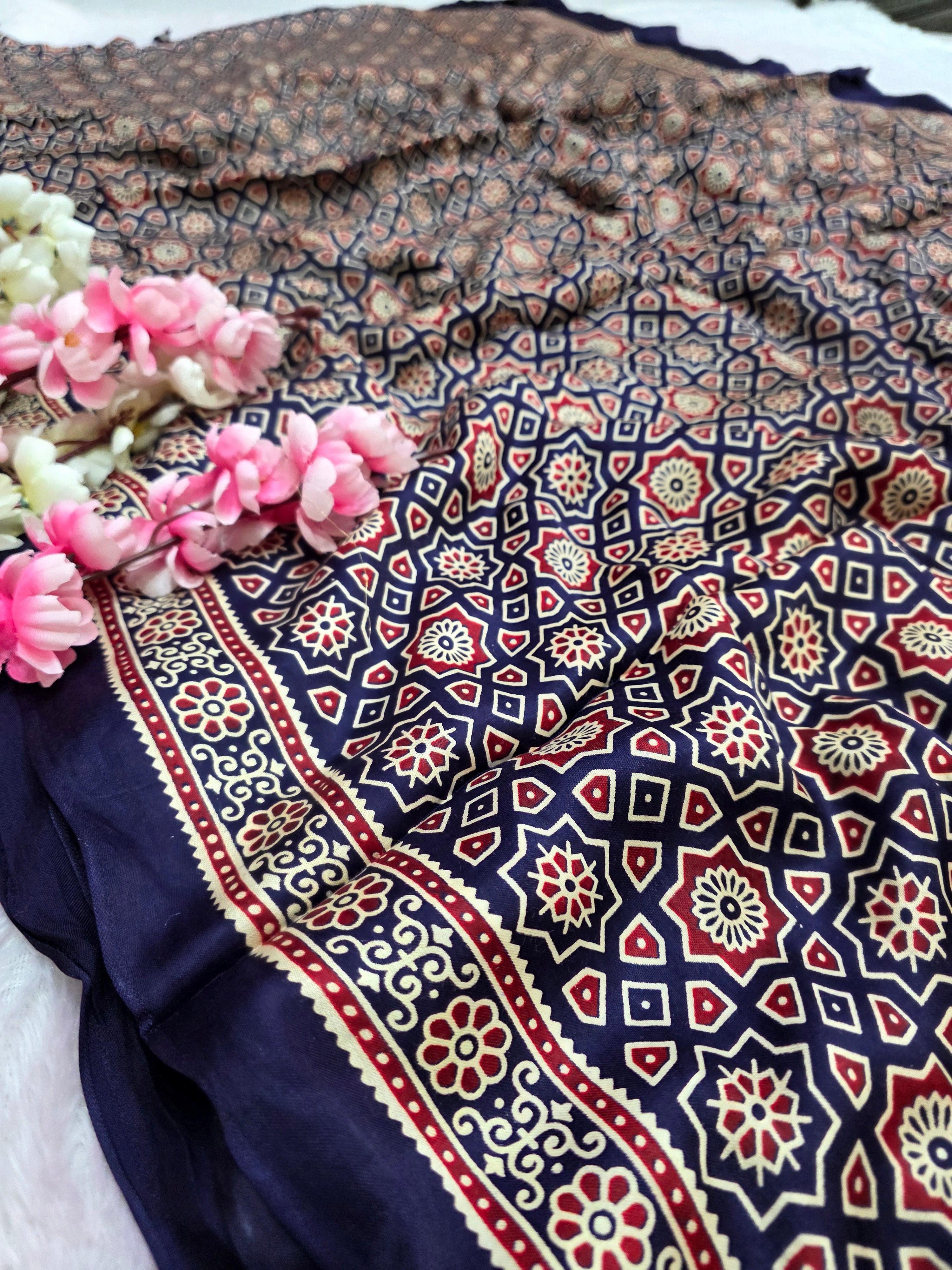 2403 Traditional Ajrakh Print Modal Silk Saree with Designer Zari Pallu