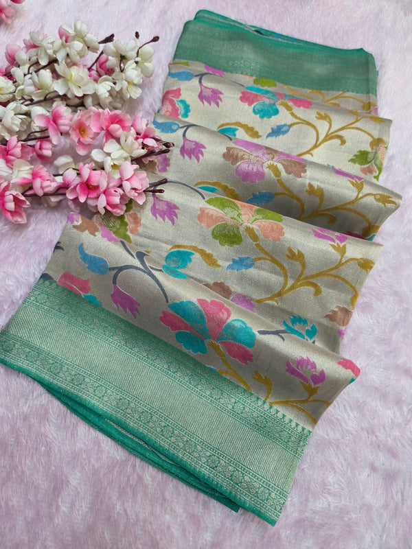 533002 Designer Very Unique Pure Georgette Minakari Work Green Color Saree