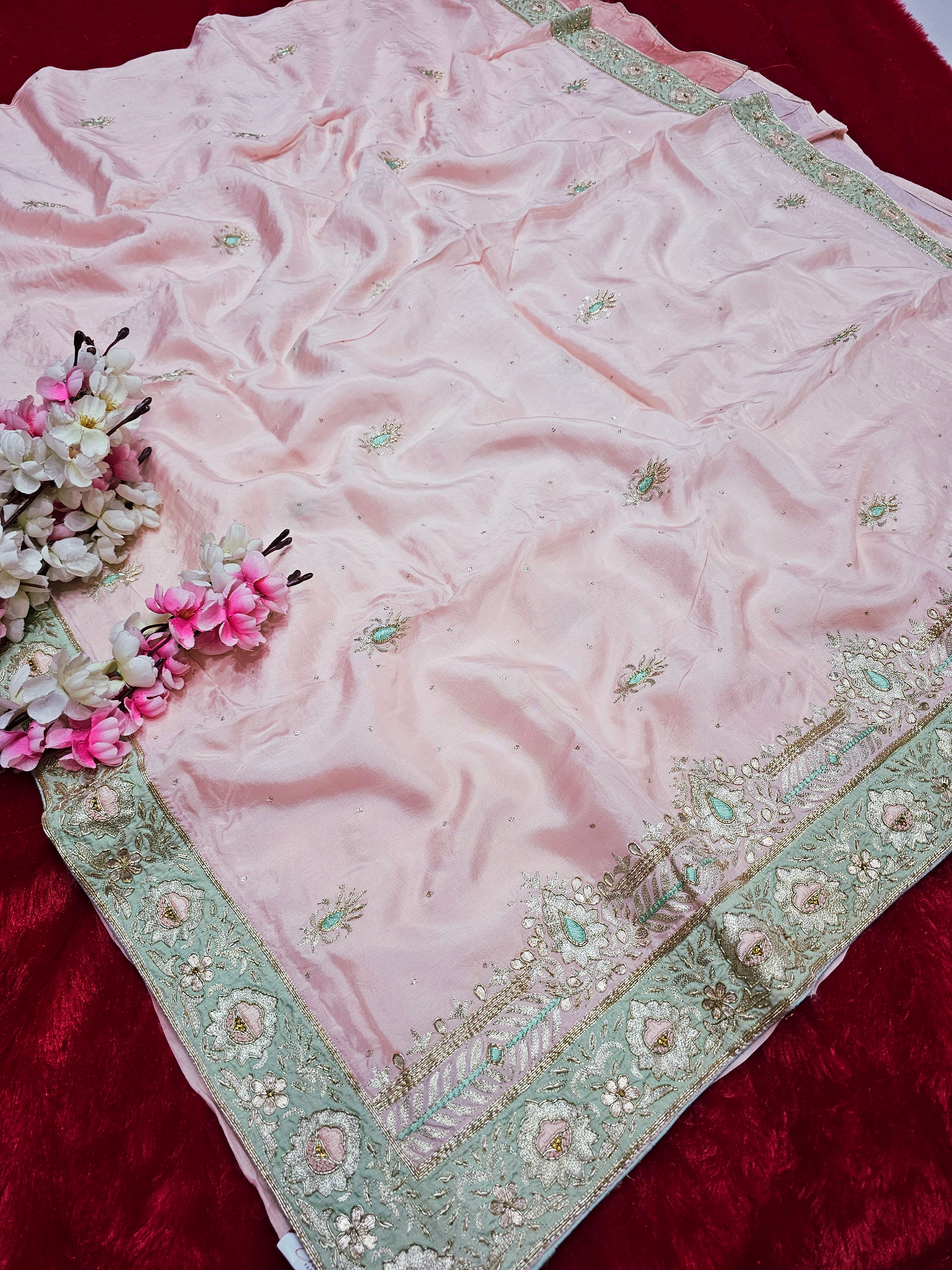 6630 Pure Upada Silk Premium Saree with Very Elegant Hand Pitta and Mukesh Work Pink Saree