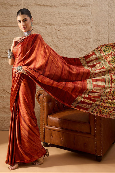 917007 Trending Ajrakh Print with Shibbori Semi Modal Silk Saree - Orange