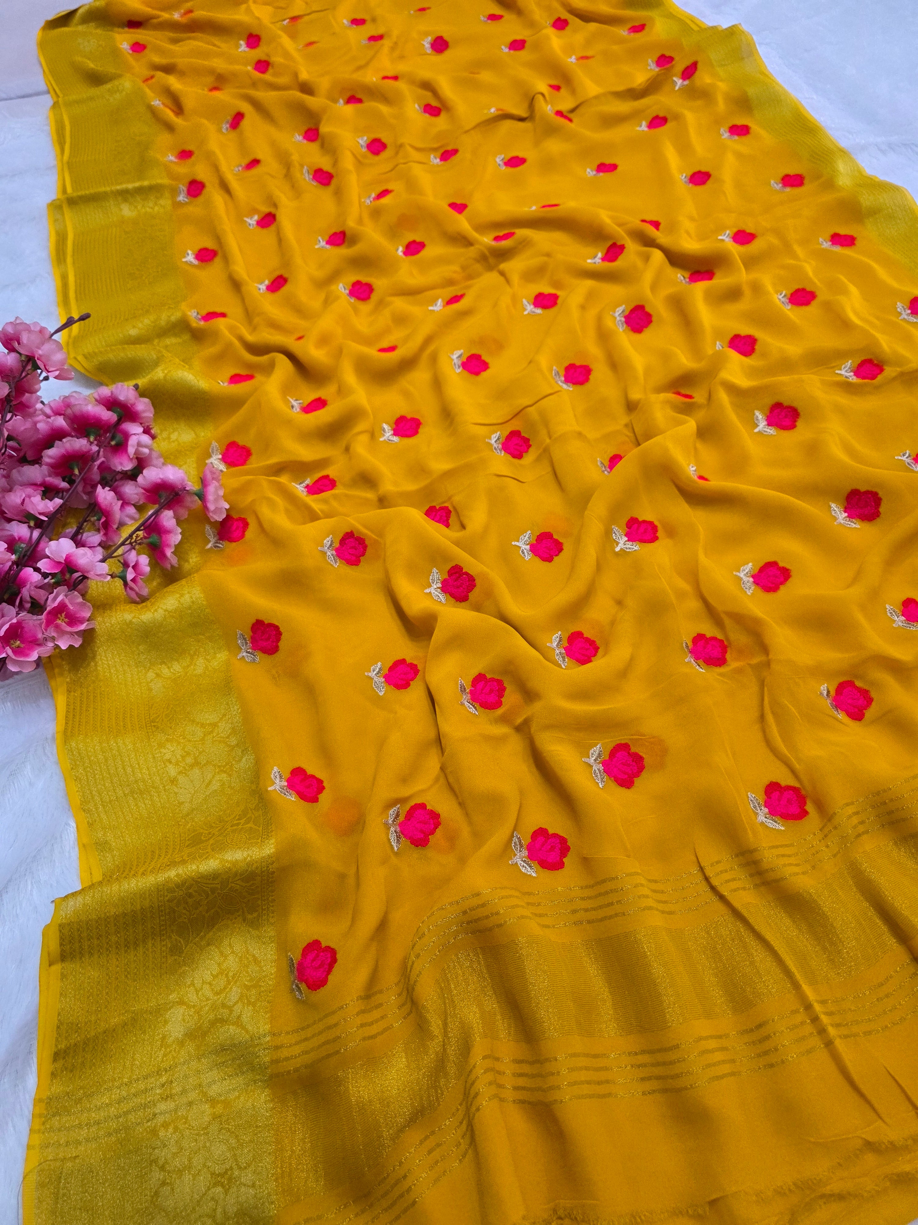 C78007 Exclusive Fancy Pure Georgette Saree with Embroidery yellow