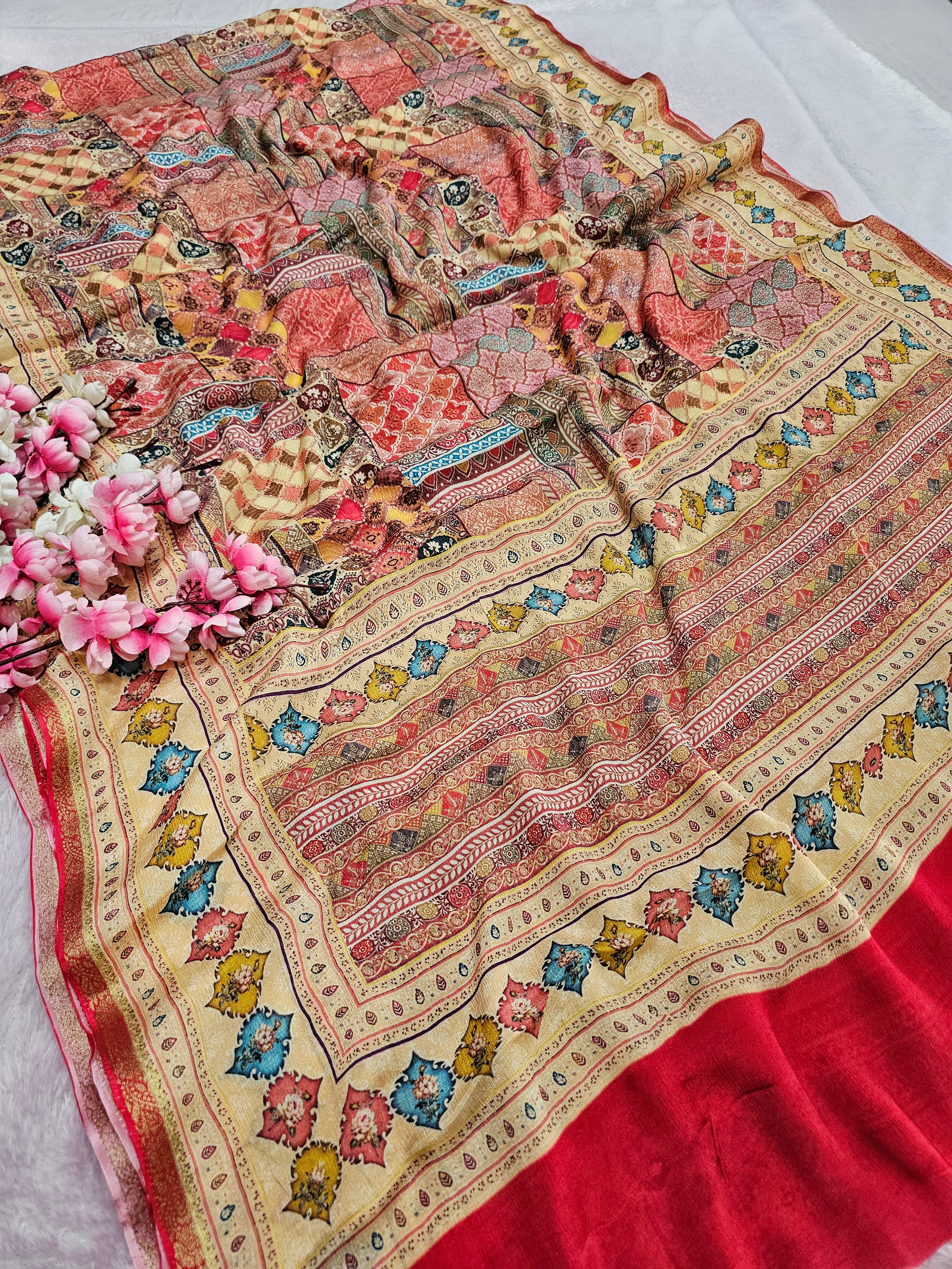 998008 Beautiful Pure Chinon Silk Traditional Flower Print Saree with Zari Weaving Border