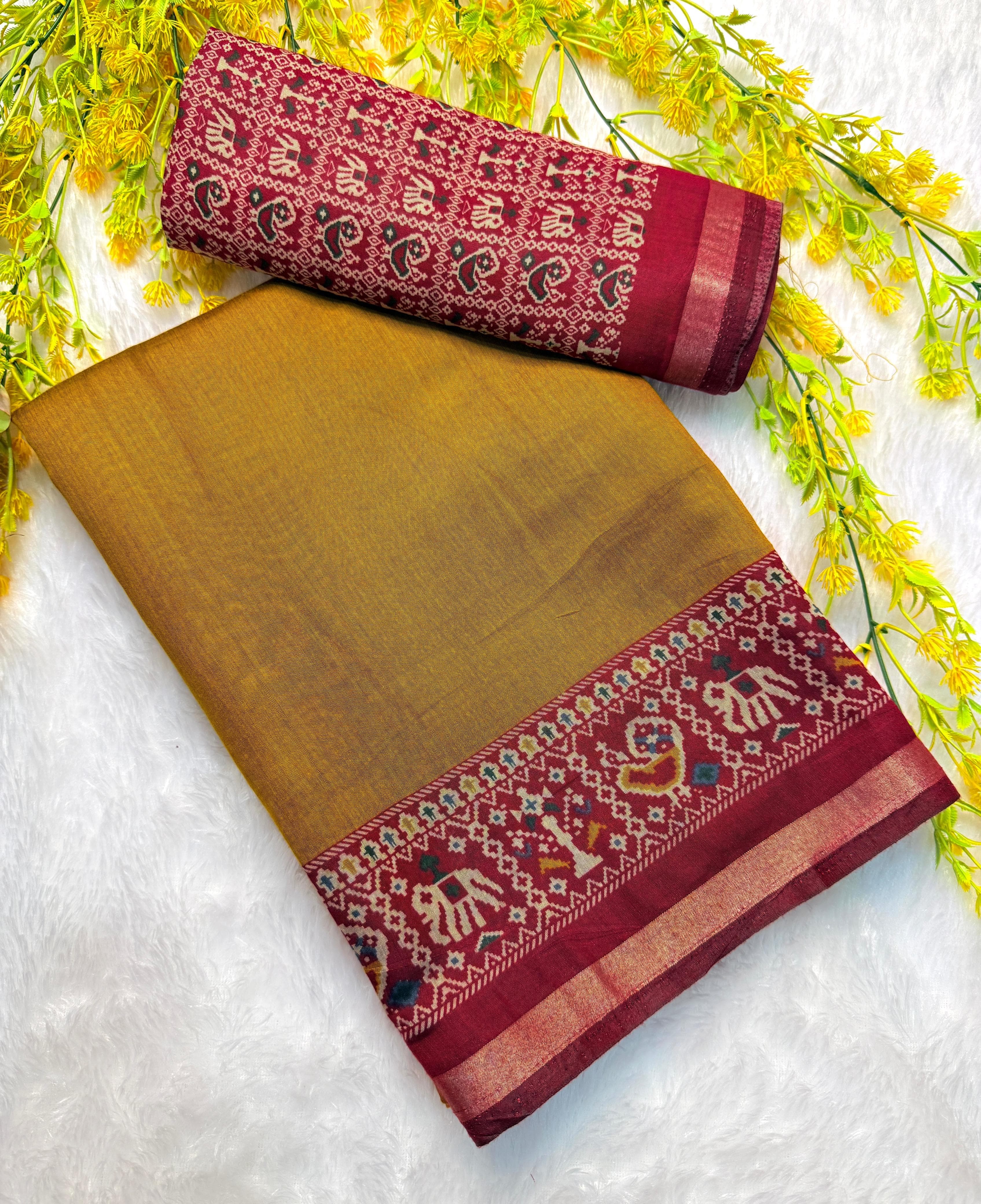 964004 Traditional Patola Border Saree with Plain Body Dola Silk Saree - Yellow