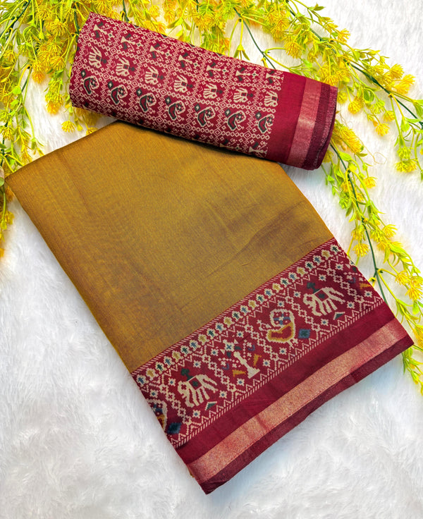 964004 Traditional Patola Border Saree with Plain Body Dola Silk Saree - Yellow