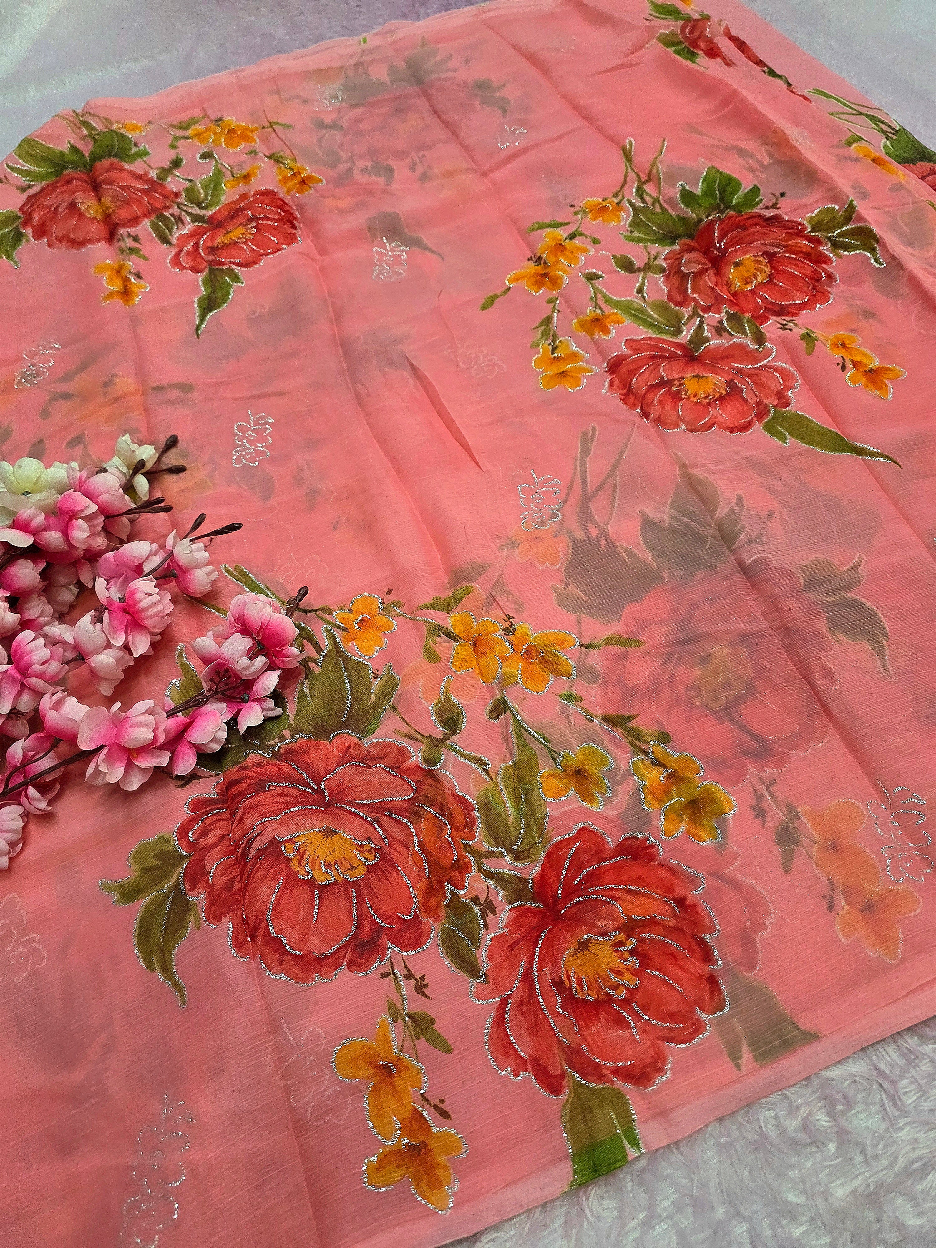 991002 Lightweight Elegant Semi Chiffon Flower Print Saree with Zari Print - Pink