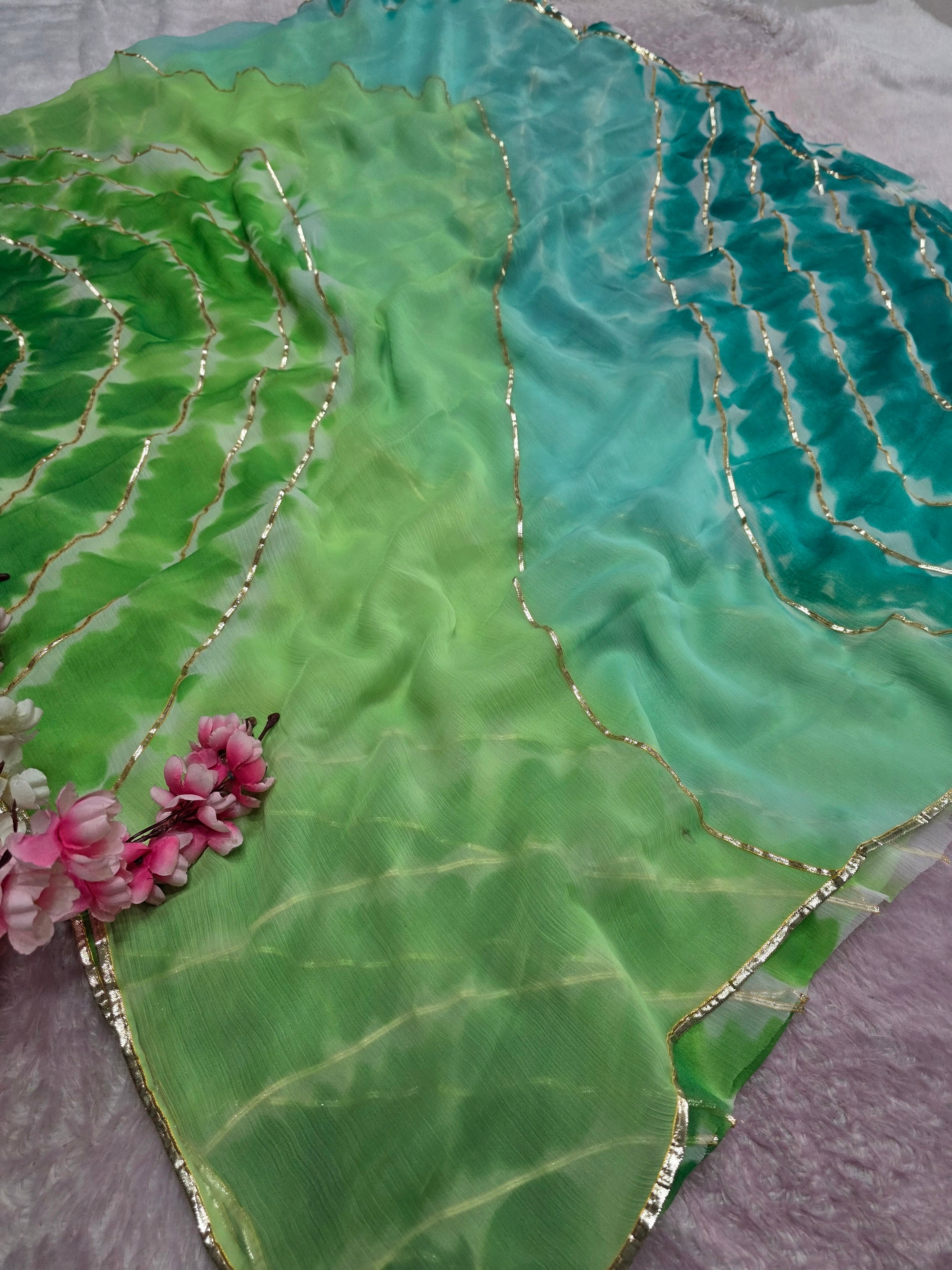 618004 Lightweight Elegant Semi Chiffon Lehriya Rajwadi Saree - Green