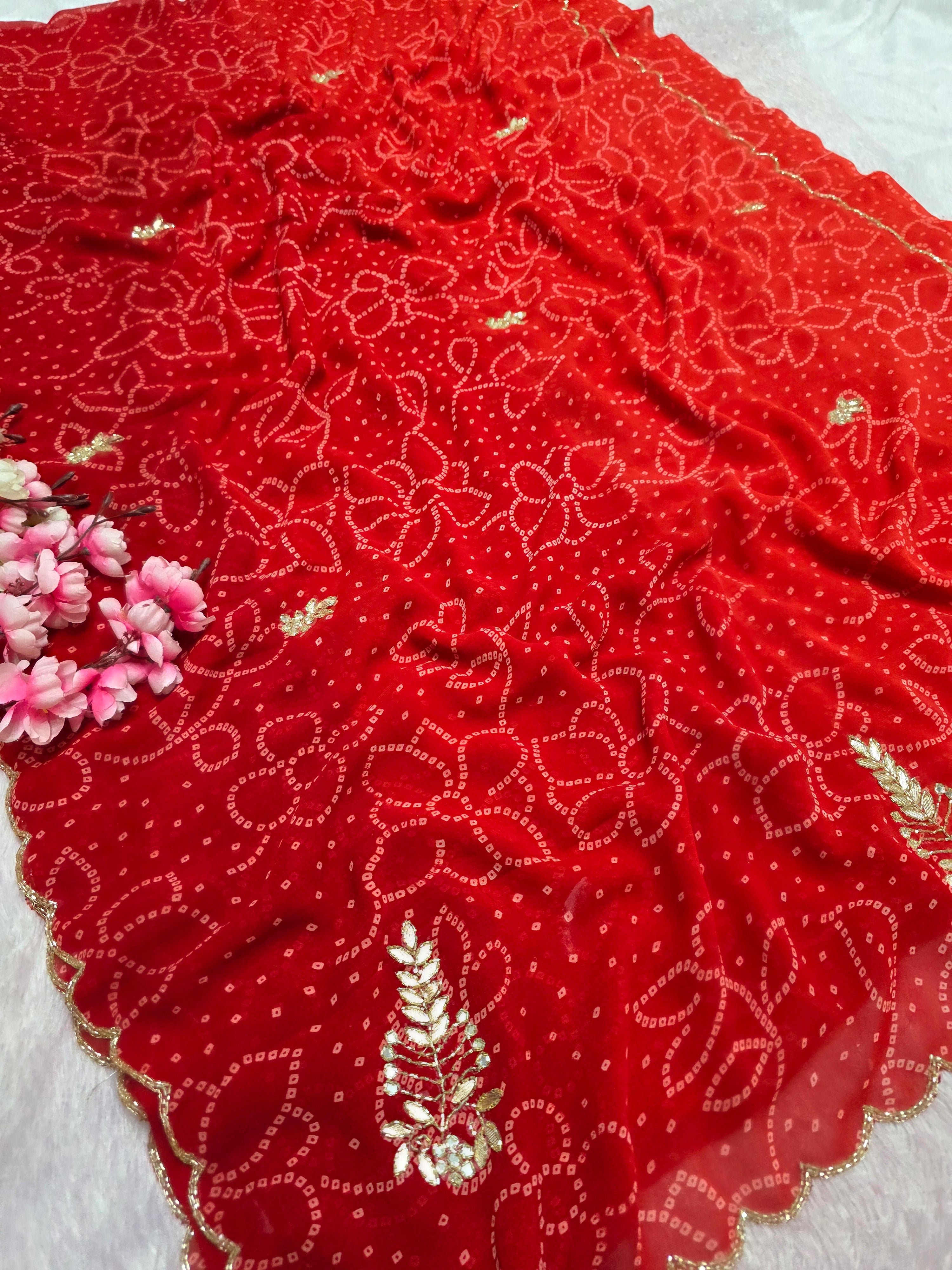 966001 Traditional Bandhani Georgette Saree with Hand Cutdana Work - Red