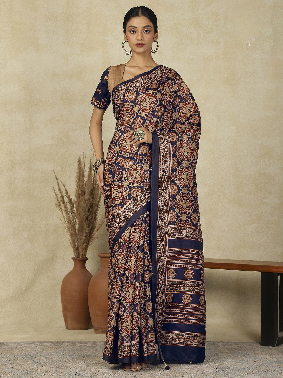 970005 Traditional Ajrakh Print Kozy Silk Light Weight Saree