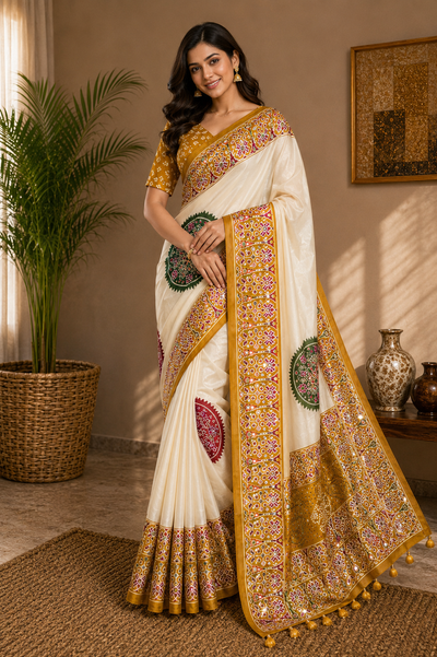 CA0768 Trending Mirror Work Ajrakh Patola Print Semi Modal Silk Saree - Mustered
