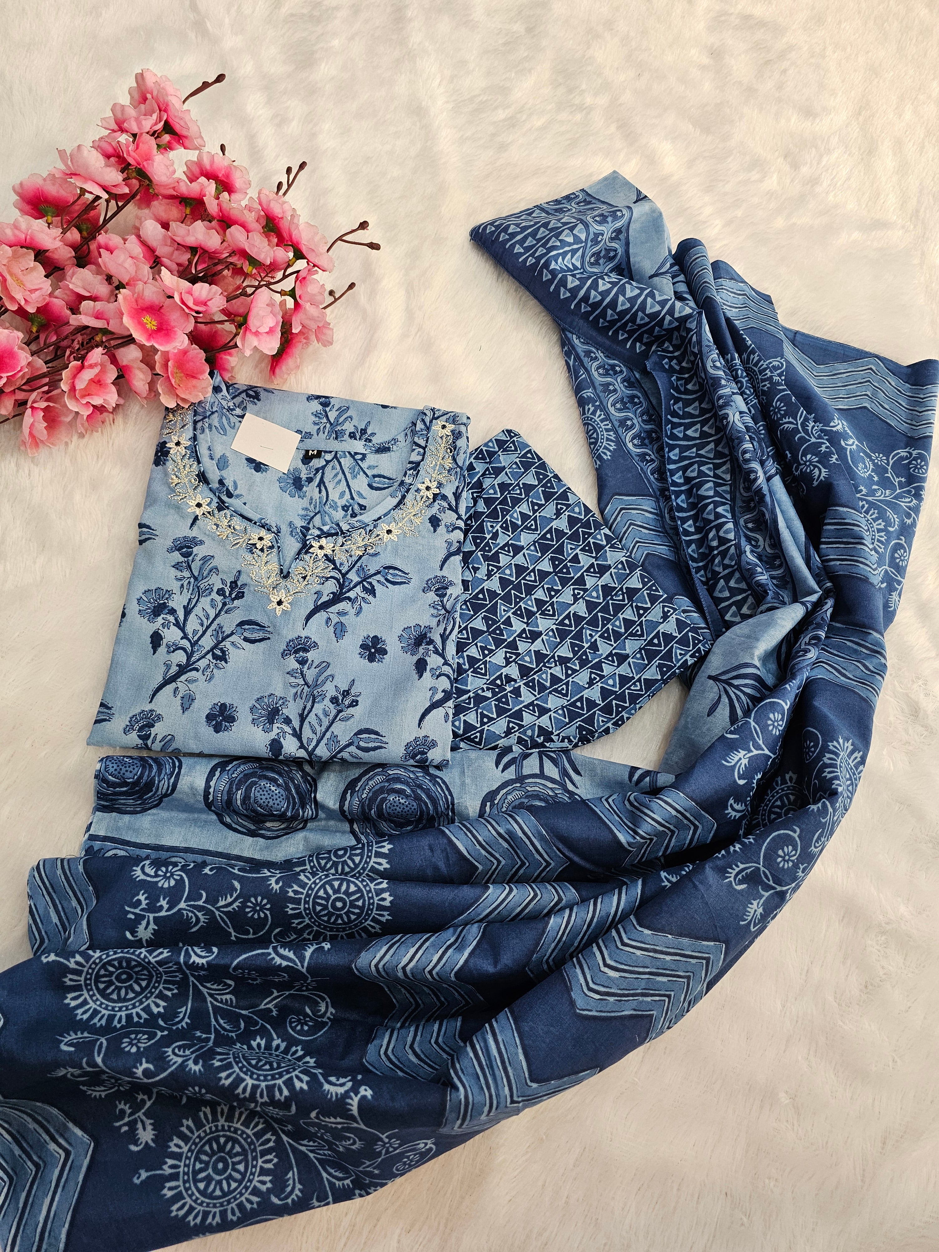 767002 Sky Blue Color Embroidered Pure Cotton Flower Printed Straight Kurti With Pant & Dupatta