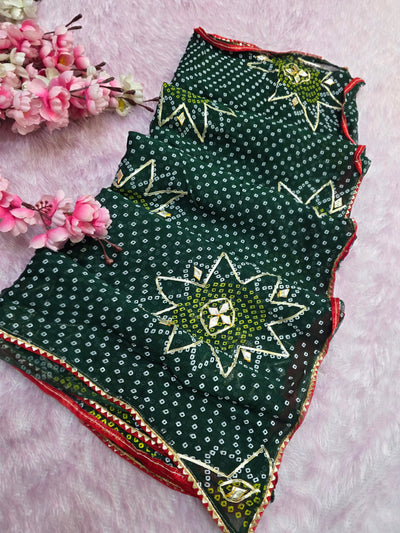 12475 Pure Chiffon Bandhani Saree with Gotapatti Work - Green