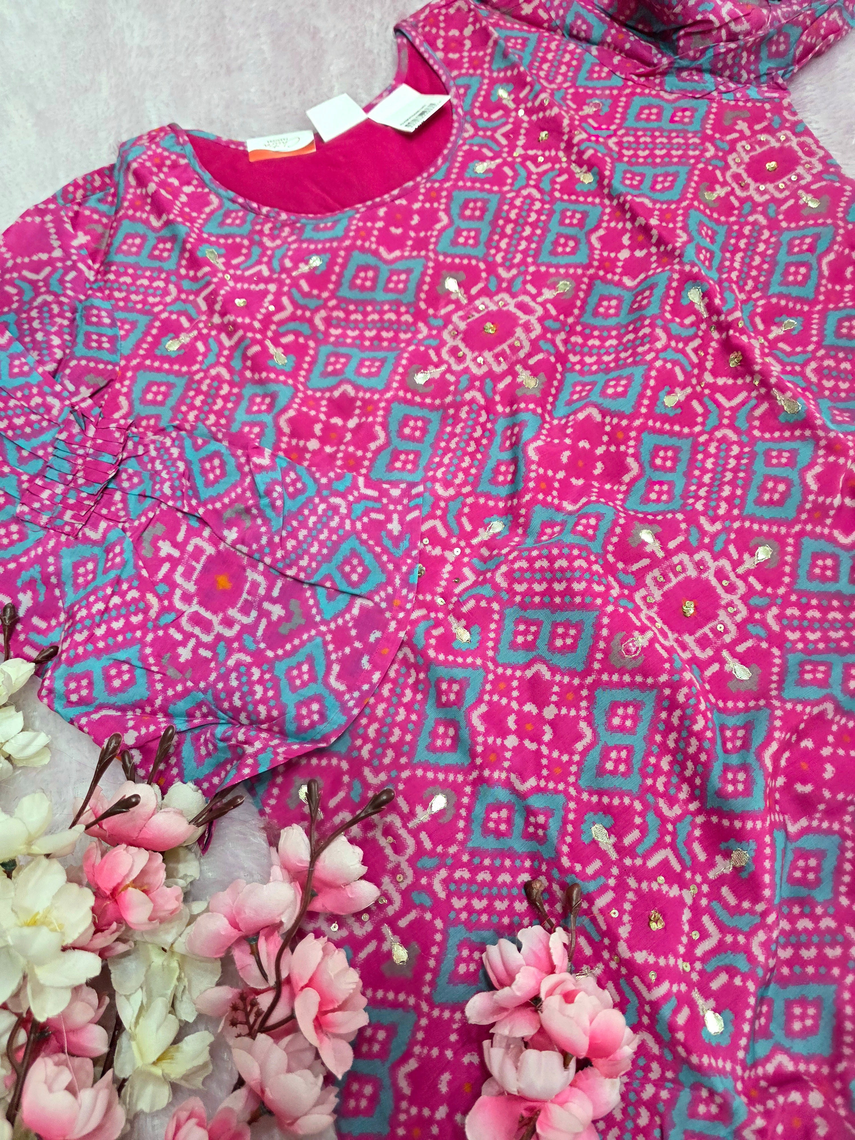 977008 Party Wear Patola Print Designer Straight Kurti with Hand Gota Work