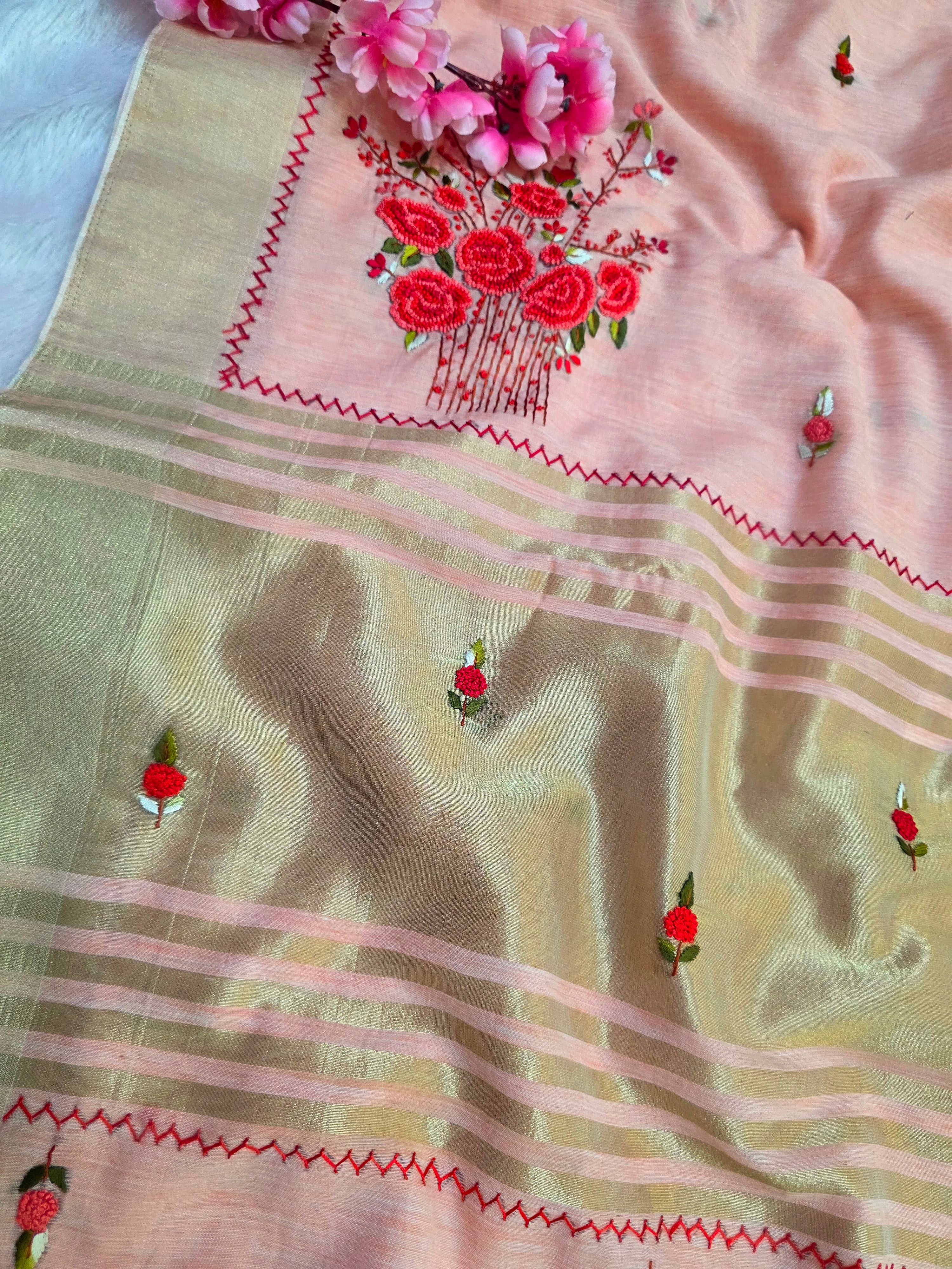907003 Pure Linen Saree with Hand Katha Embroidery Work