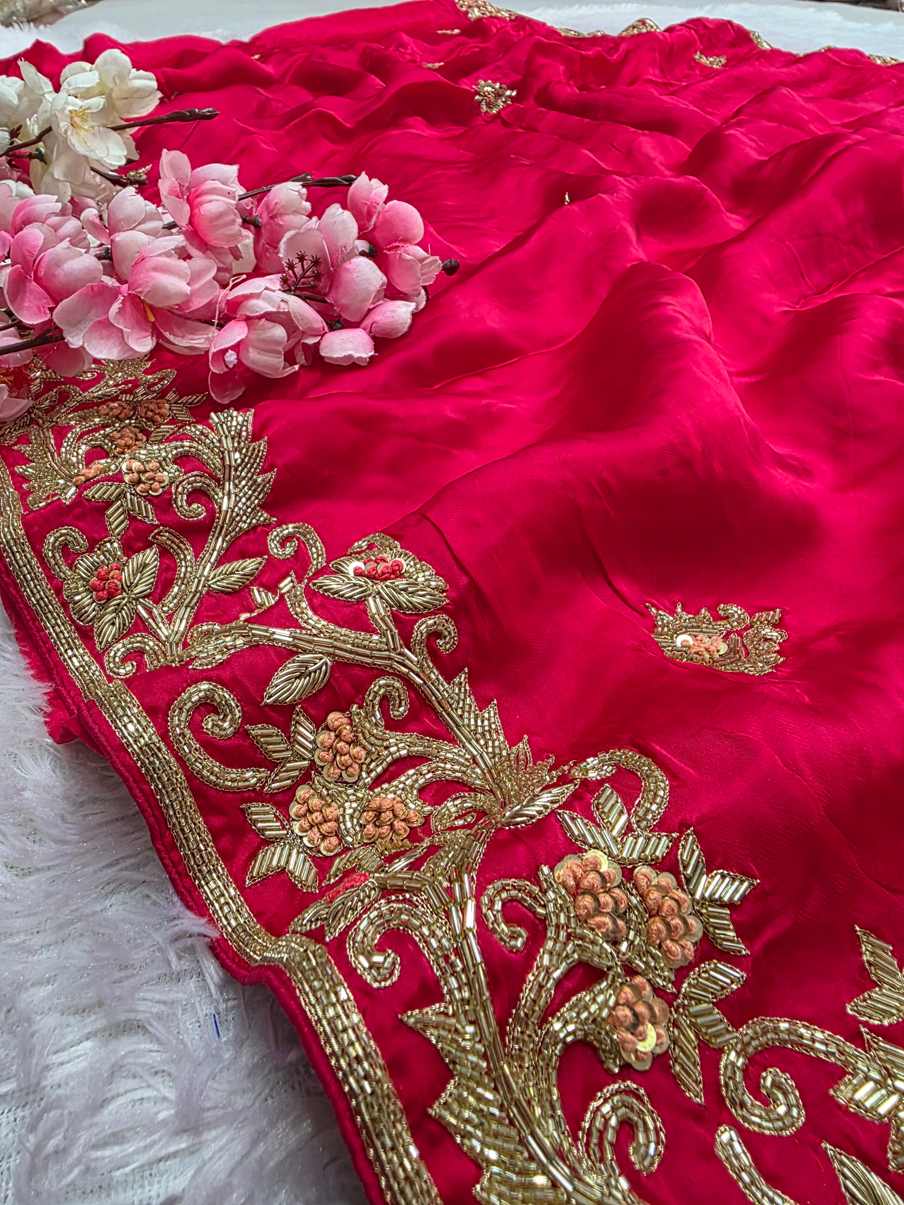 07247 Premium Rani Pink Pure Upada Silk Saree with Zardosi & Cutdana Handwork