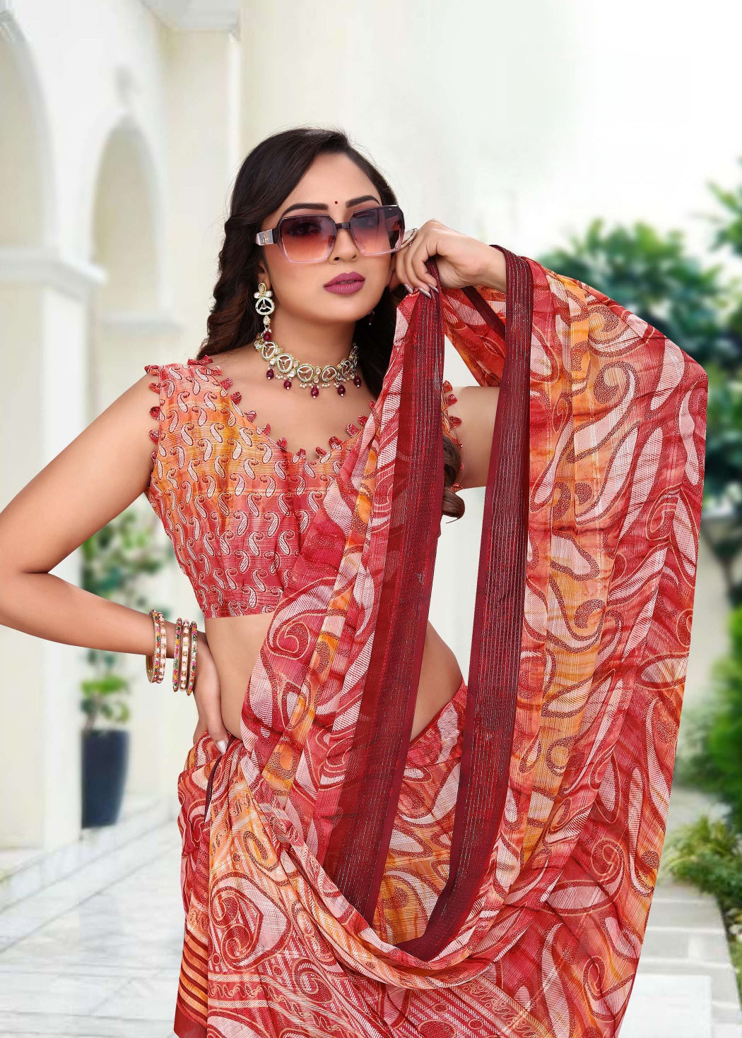 914002 Premium Georgette Saree with Unique Print - Red