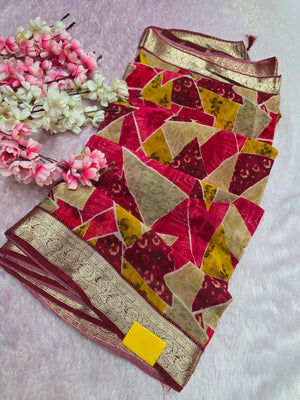 CA0711 chinon silk traingle print red saree