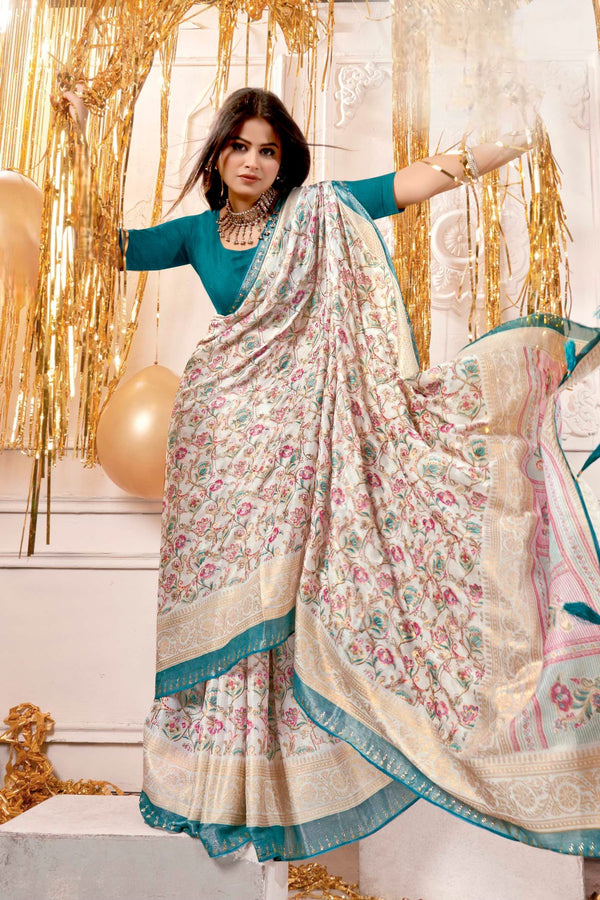 942002 Very Elegant Chiffon Crepe Silk Print Saree with Swarovski on Border - Blue