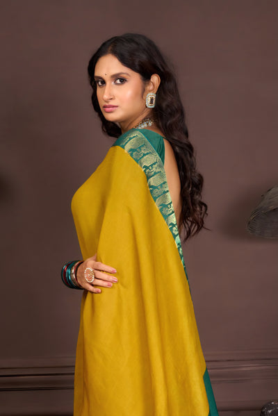 919003 Georgette Crepe Silk Soli Color with Banarasi Weaving  Border Saree - Mustered