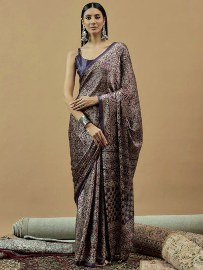740006 Traditional Ajrakh Print Semi Modal Silk Saree - Purple