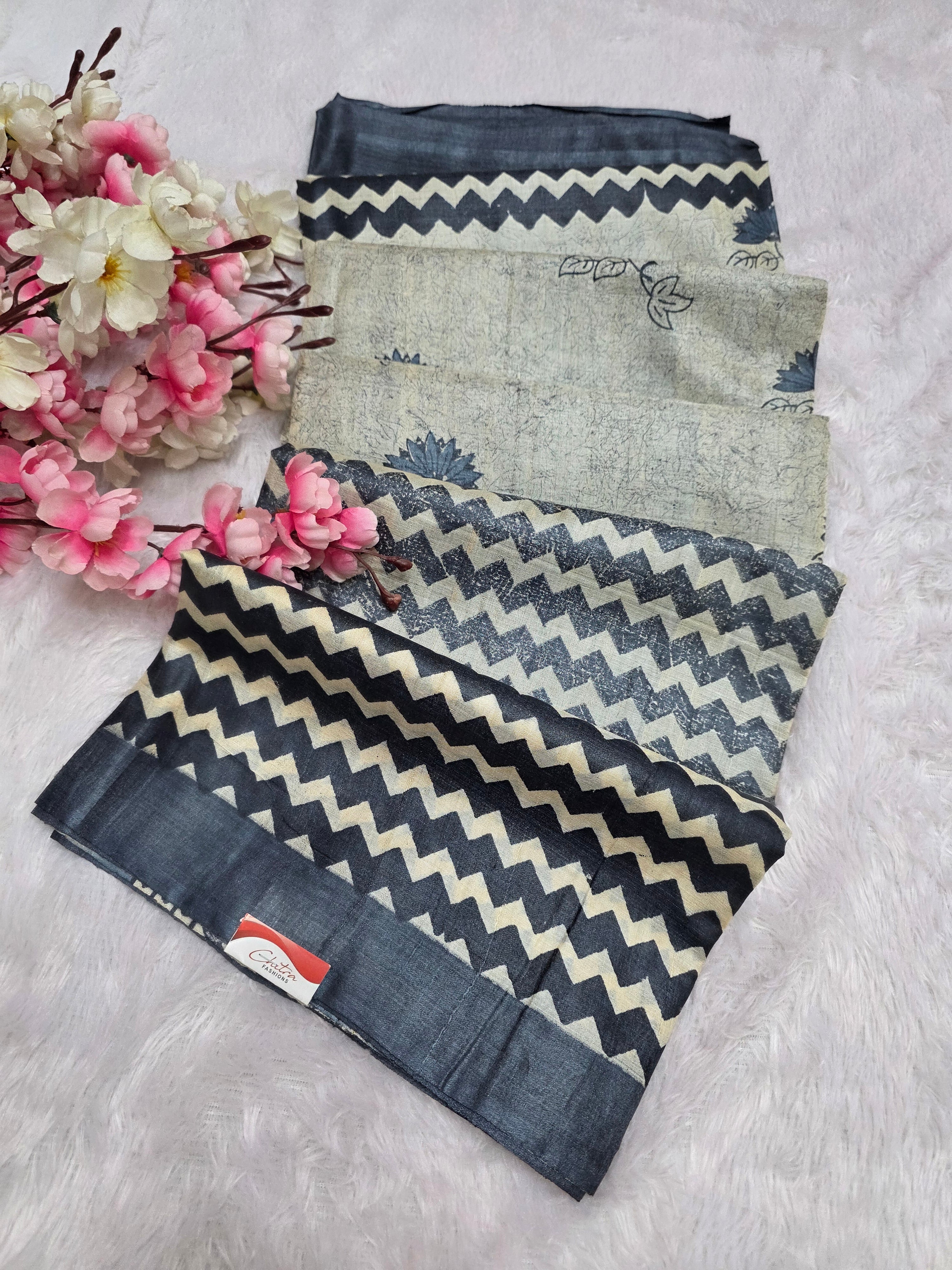 834001 Pure Tusser Silk Hand Print Designer Saree