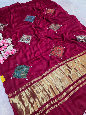 5720 Pure Modal Silk Saree with Hand Ajrakh Patch Work and Mirror - Red