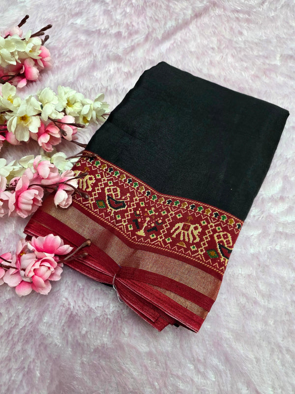 964004 Traditional Patola Border Saree with Plain Body Dola Silk Saree - Black
