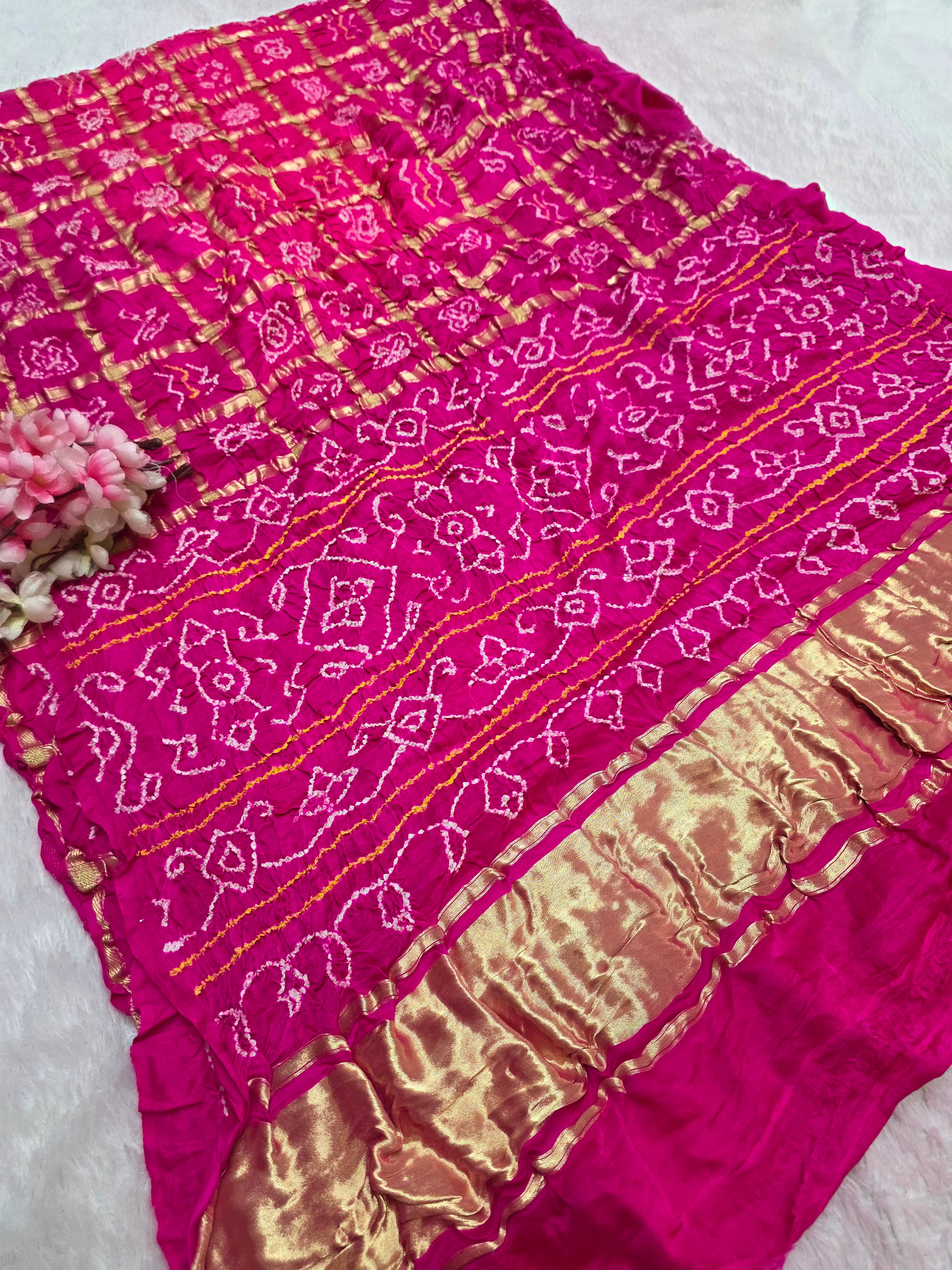 C75002 Premium Ghatchola Hand Bandhani Gajji Silk Saree Shaded - Pink and Gajari