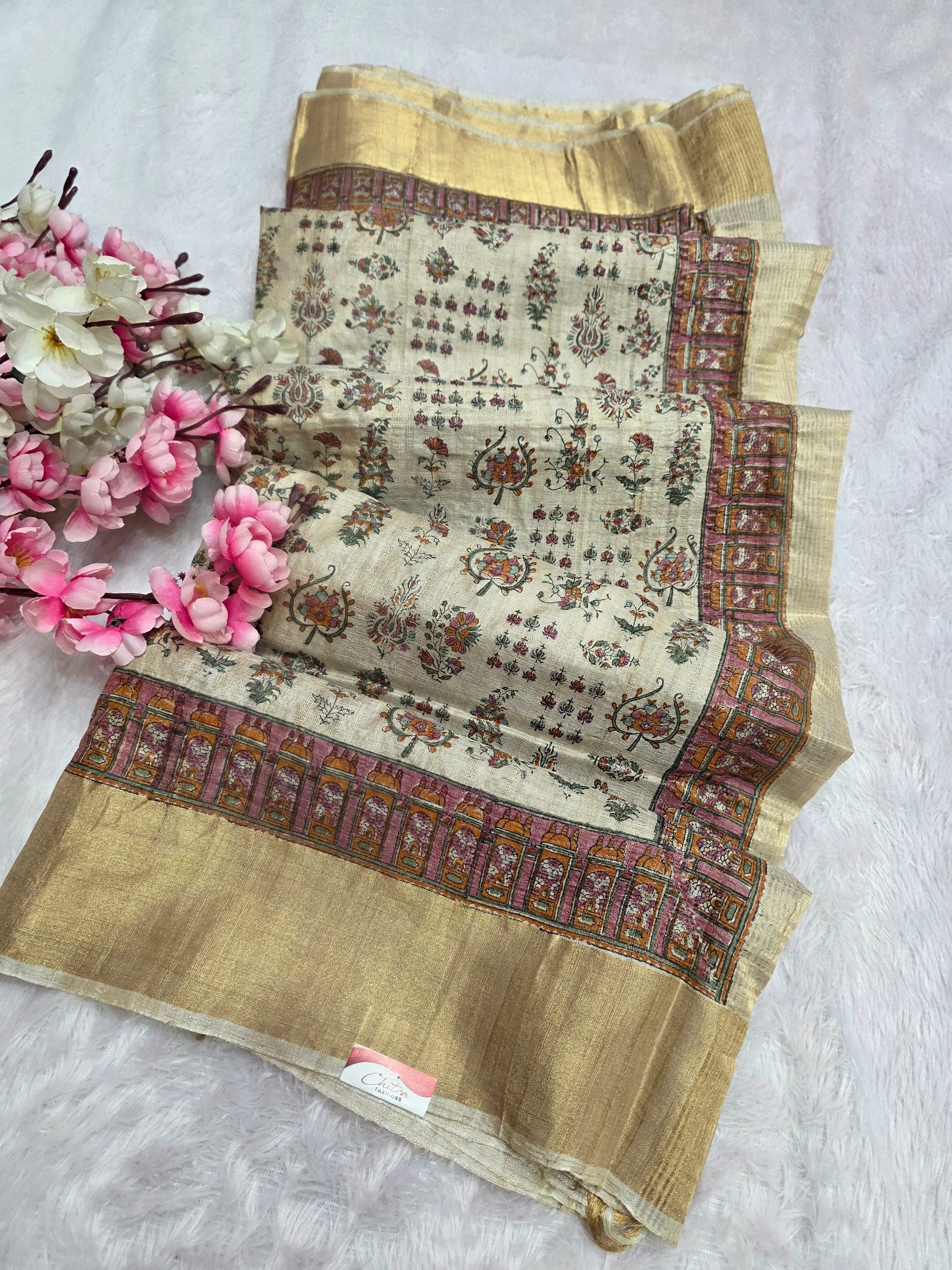834005 Pure Tusser Silk Hand Made Block Print Saree