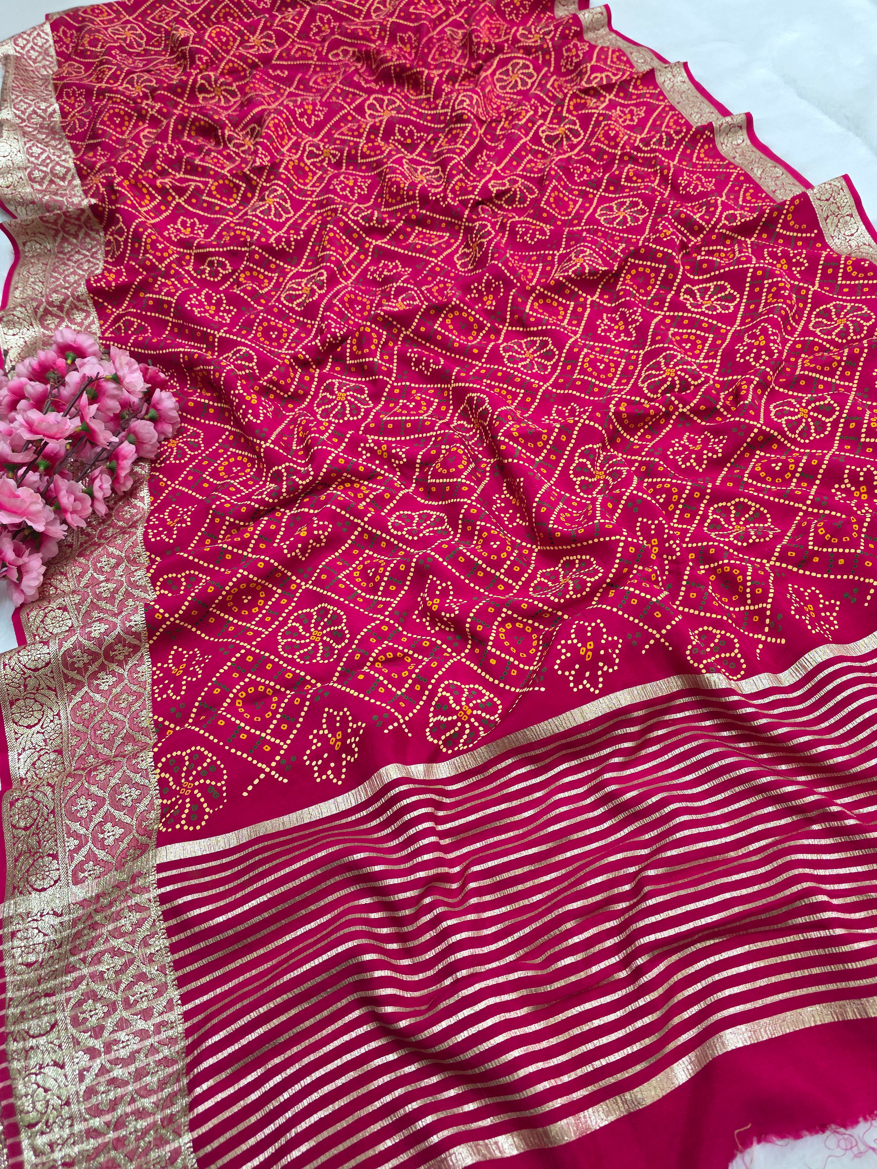 500007 बनारसी ज़री बुनाई कार्य के साथ बंधनी साड़ी - रानी 347002