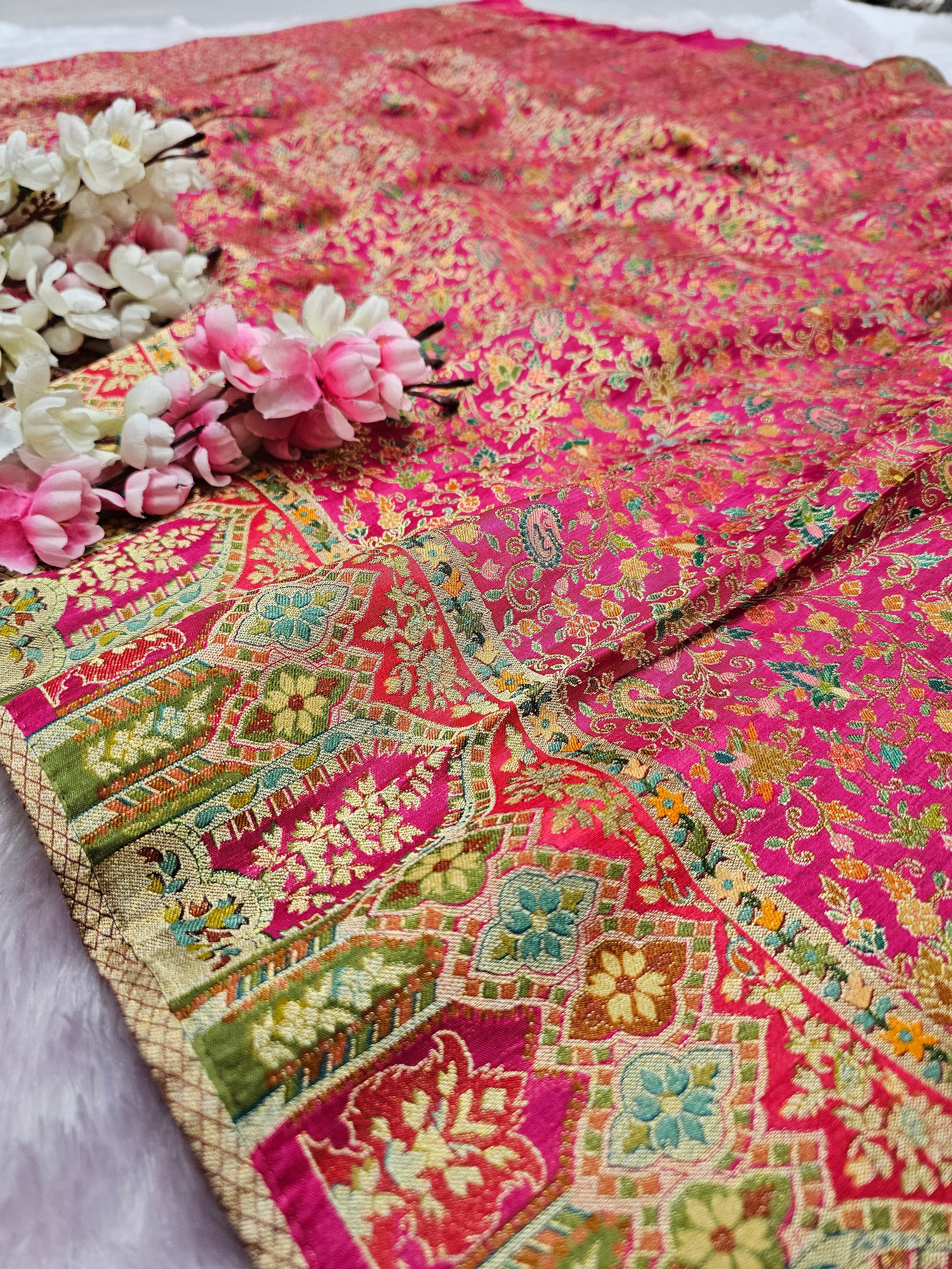 989003 Exclusive Pashmina Kashmiri Work Pure Viscos Silk Pink Saree