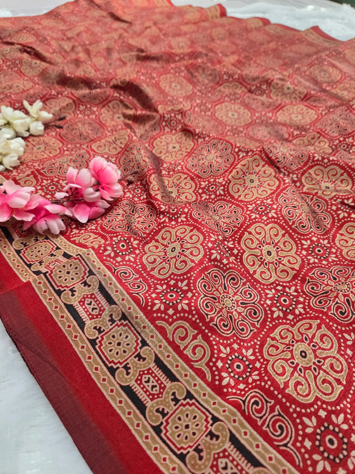 DS150 Semi Dola Silk Ajrakh Print Saree - Maroon