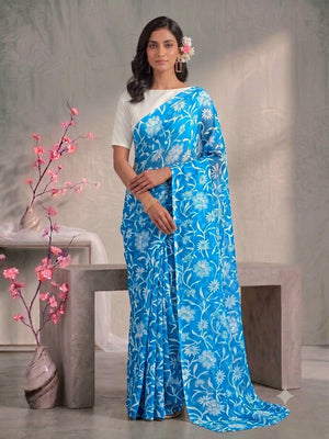 CA1495 Lightweight Elegant Semi Chiffon Flower Print Saree - Sky Blue