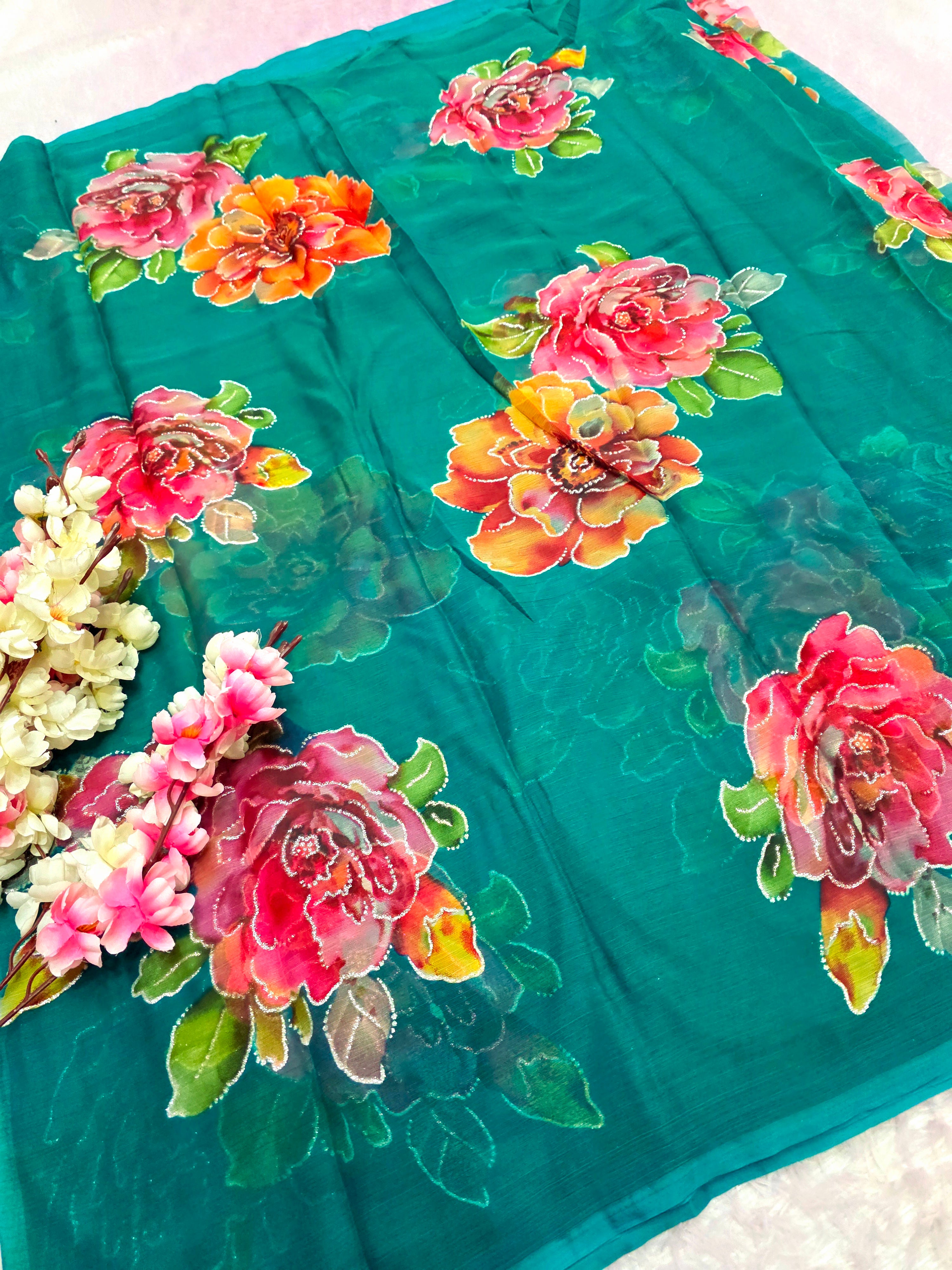 991004 Lightweight Elegant Semi Chiffon Flower Print Saree with Zari Print - Teal